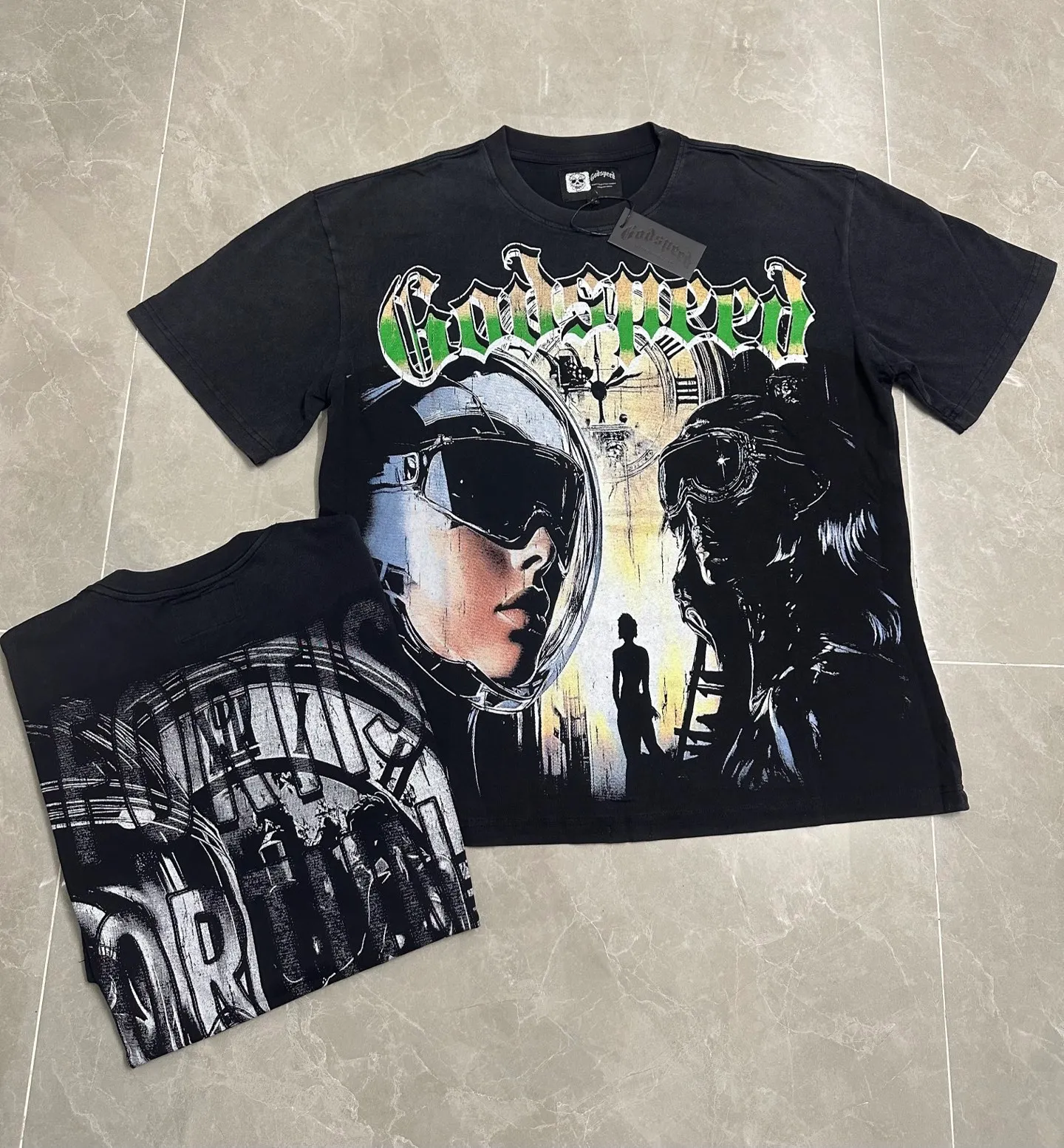 6128# Washed black I P116 Real stock (American fashion niche) - New Godspeed cross-border American rock street washed retro style short-sleeved T (craft printing) Fabric (fabric): 32 counts combed double yarn 250 grams weight Size (size): S-M-L-XL Color (colour): Washed black