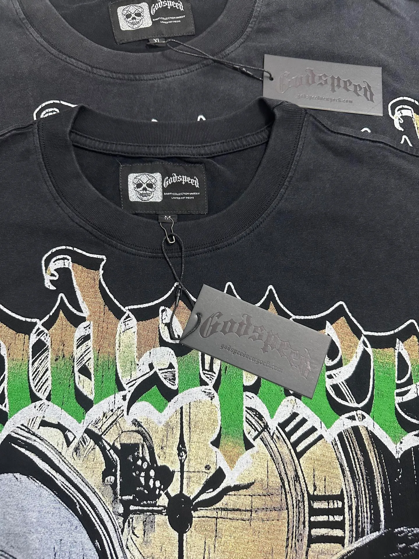 6128# Washed black I P116 Real stock (American fashion niche) - New Godspeed cross-border American rock street washed retro style short-sleeved T (craft printing) Fabric (fabric): 32 counts combed double yarn 250 grams weight Size (size): S-M-L-XL Color (colour): Washed black