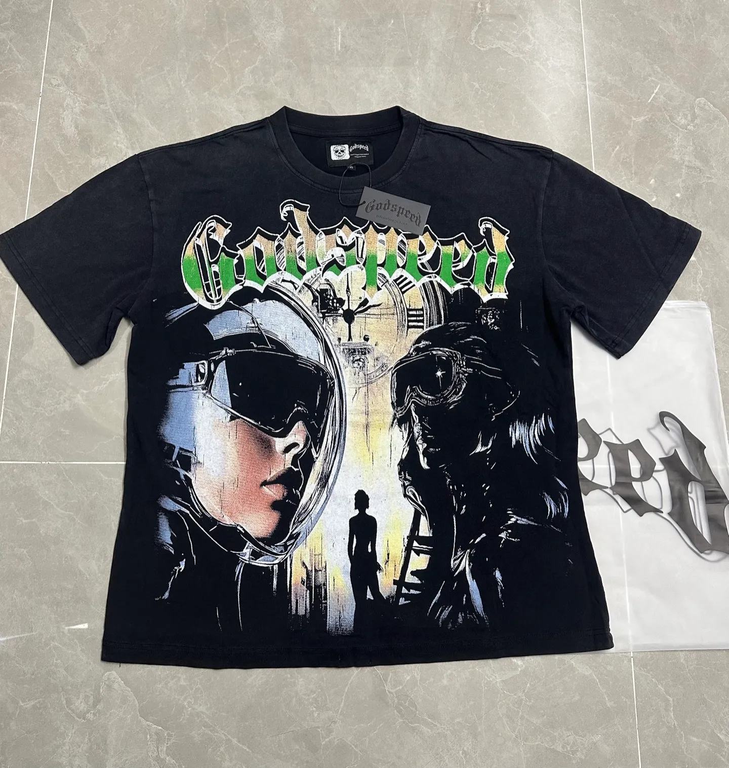 6128# Washed black I P116 Real stock (American fashion niche) - New Godspeed cross-border American rock street washed retro style short-sleeved T (craft printing) Fabric (fabric): 32 counts combed double yarn 250 grams weight Size (size): S-M-L-XL Color (colour): Washed black