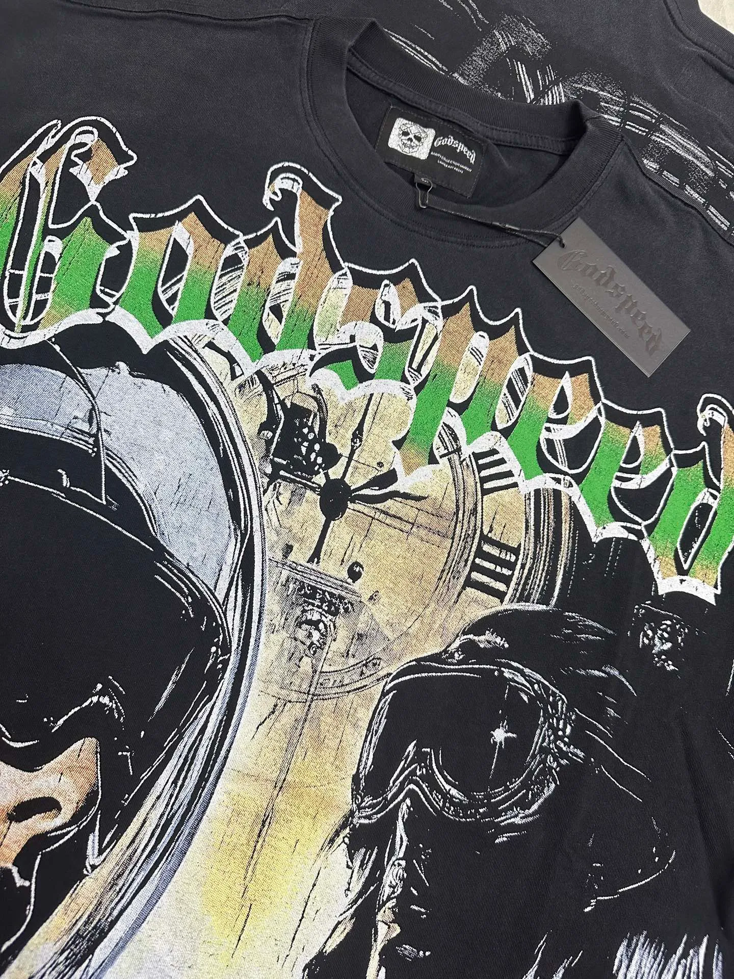 6128# Washed black I P116 Real stock (American fashion niche) - New Godspeed cross-border American rock street washed retro style short-sleeved T (craft printing) Fabric (fabric): 32 counts combed double yarn 250 grams weight Size (size): S-M-L-XL Color (colour): Washed black
