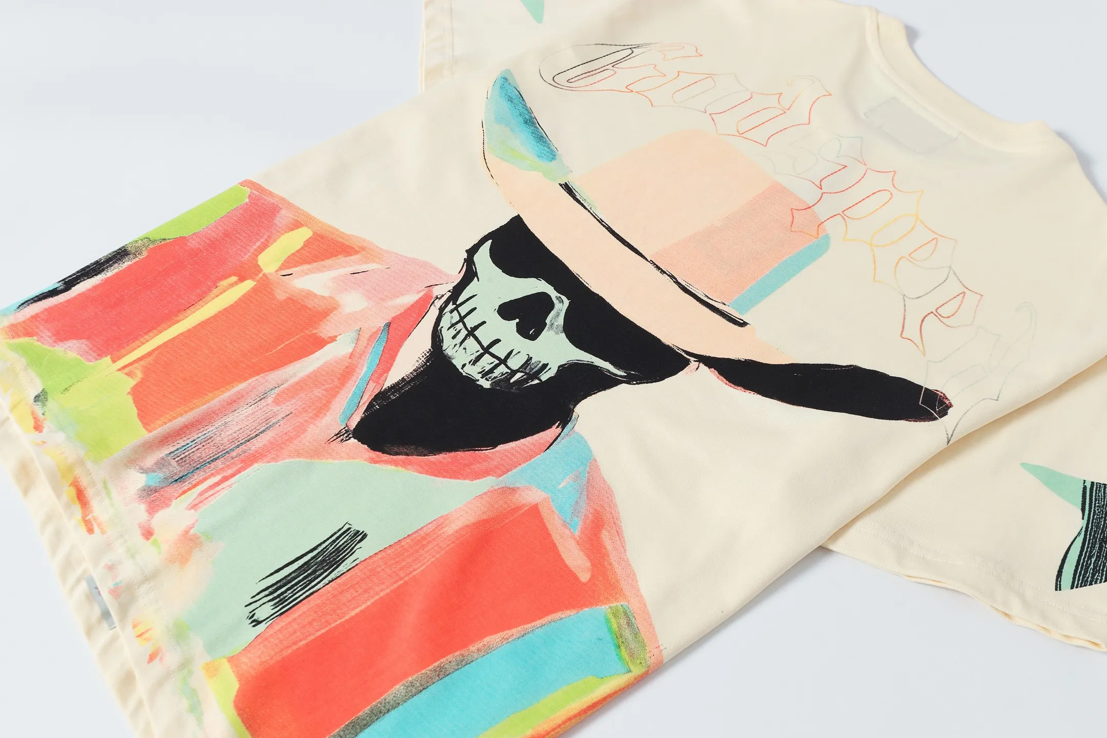 5097#Apricot | P104 Godspeed cross-border American rock and roll street washed retro style short-sleeved T (craft printing) fabric (fabric) 32 counts combed double yarn 240 grams weight code number (size): S-M-L-XL color (colour): apricot