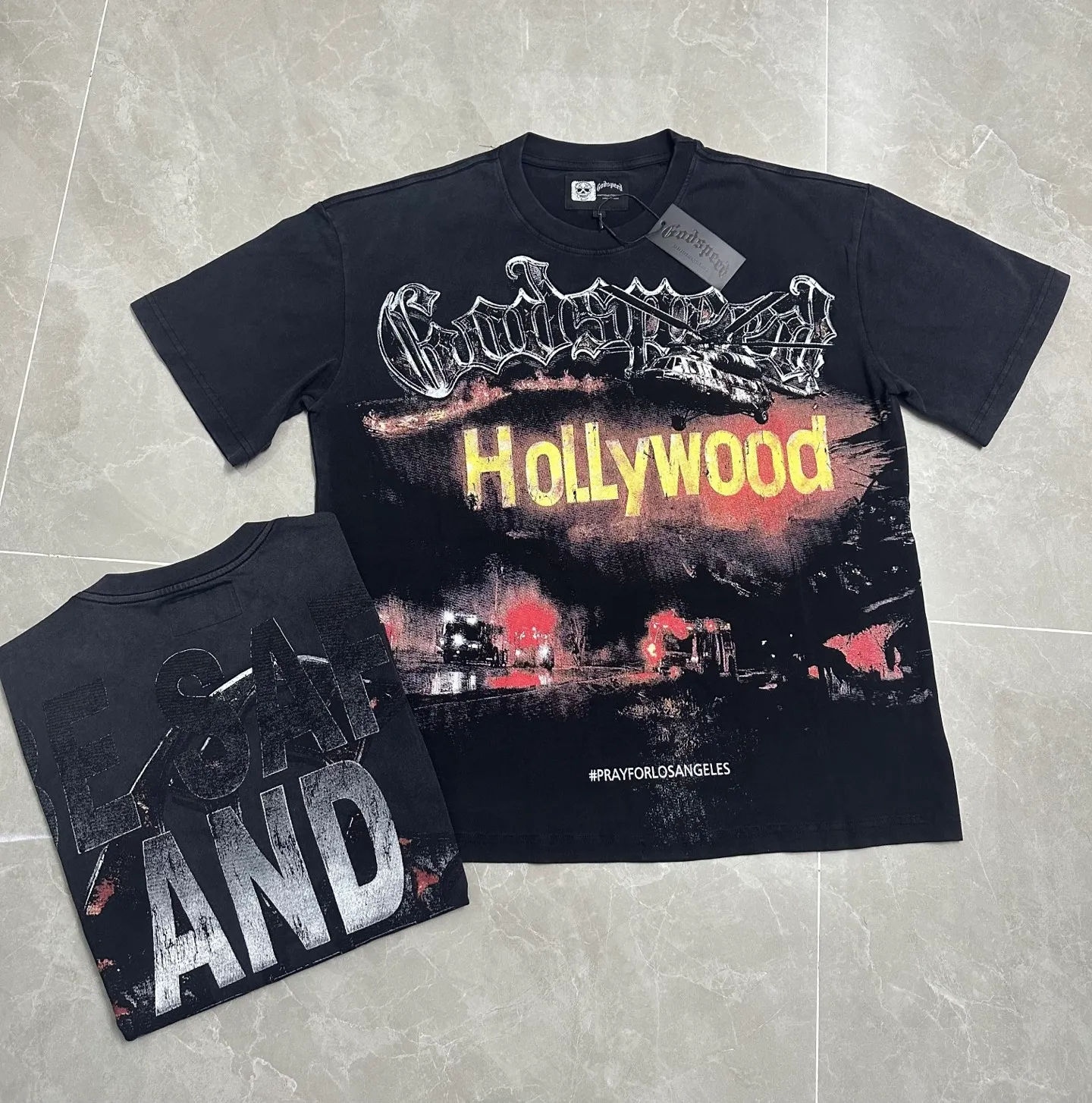 6127# Washed black I P116 Real stock (American fashion niche) - New Godspeed cross-border American rock and roll street washed retro style short-sleeved T (craft printing) Fabric (fabric): 32 counts combed double yarn 250 grams weight Size (size): S-M-L-XL Color (colour): Washed black