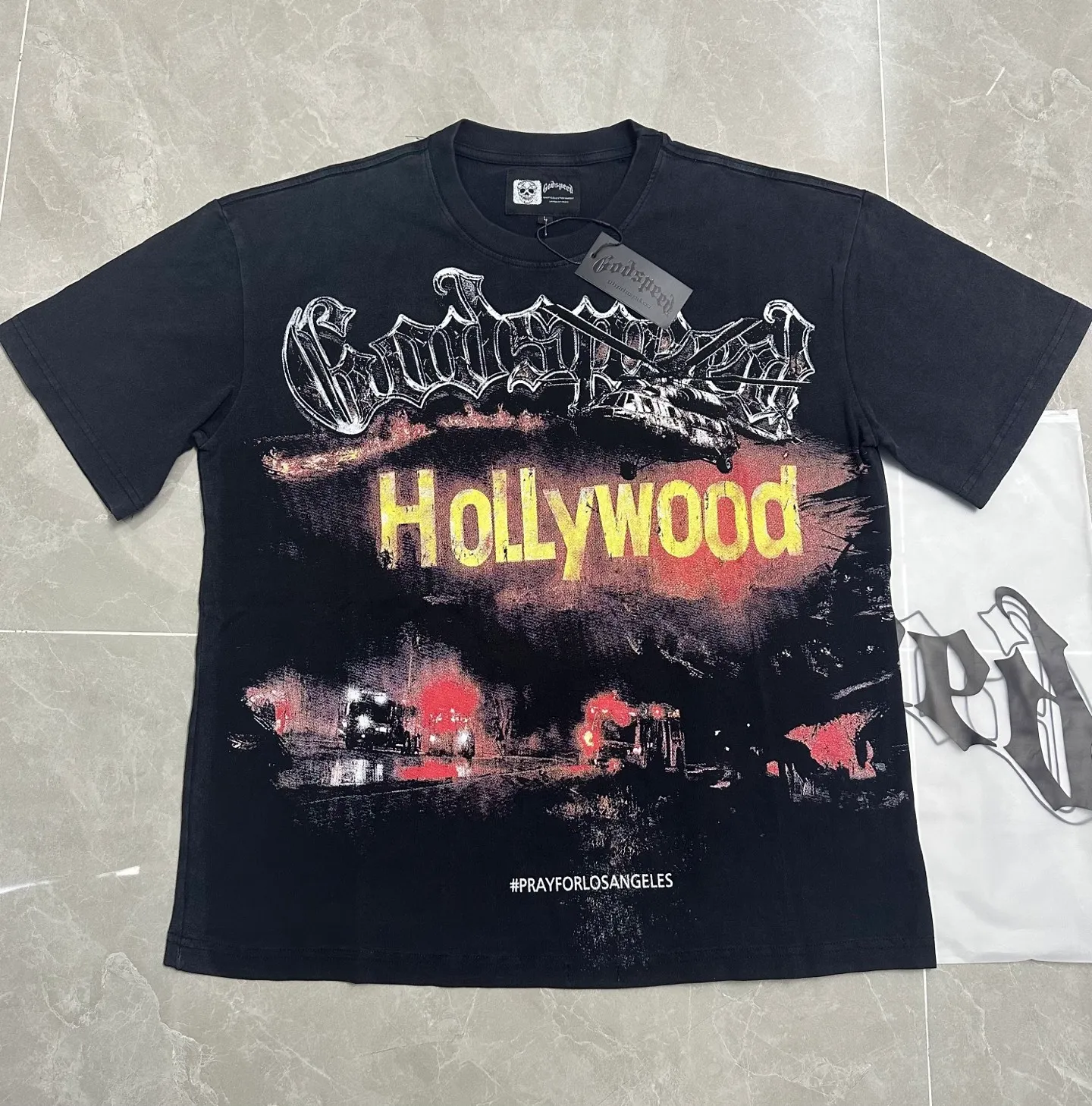 6127# Washed black I P116 Real stock (American fashion niche) - New Godspeed cross-border American rock and roll street washed retro style short-sleeved T (craft printing) Fabric (fabric): 32 counts combed double yarn 250 grams weight Size (size): S-M-L-XL Color (colour): Washed black