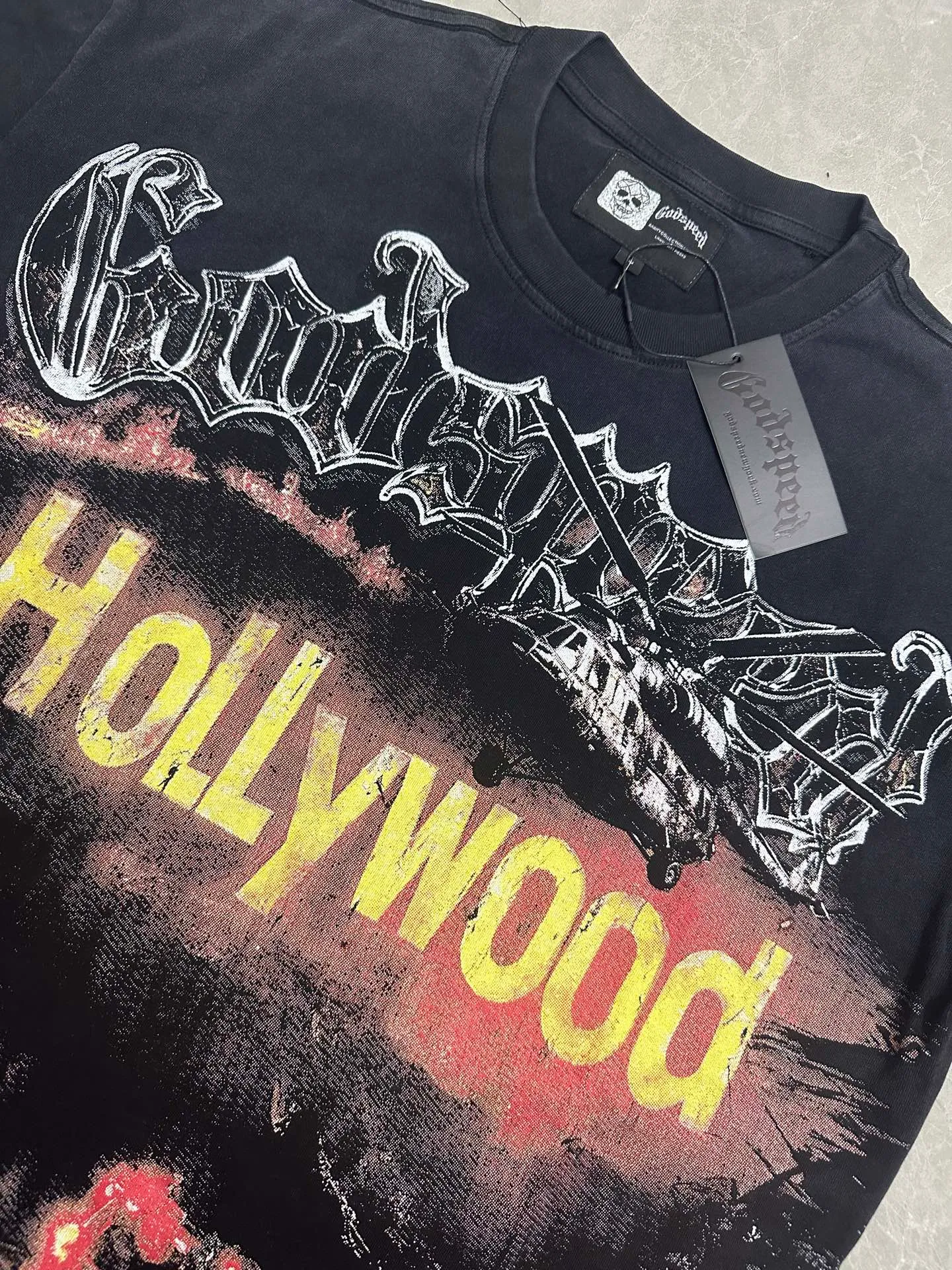 6127# Washed black I P116 Real stock (American fashion niche) - New Godspeed cross-border American rock and roll street washed retro style short-sleeved T (craft printing) Fabric (fabric): 32 counts combed double yarn 250 grams weight Size (size): S-M-L-XL Color (colour): Washed black