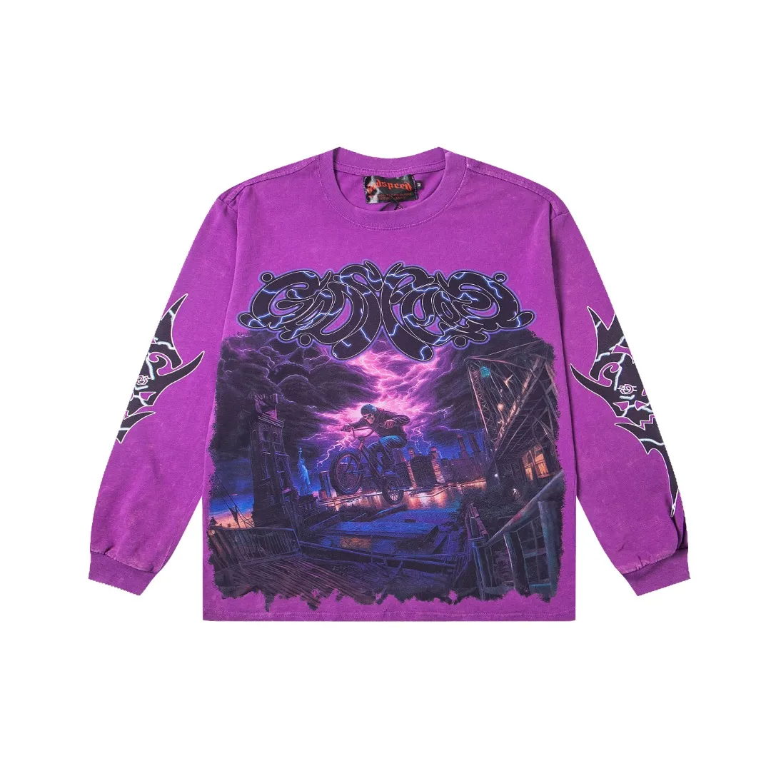 G52# GodSpeed ​​white ink direct spray washed long sleeve S-XL size purple (washed) P156 apricot P146