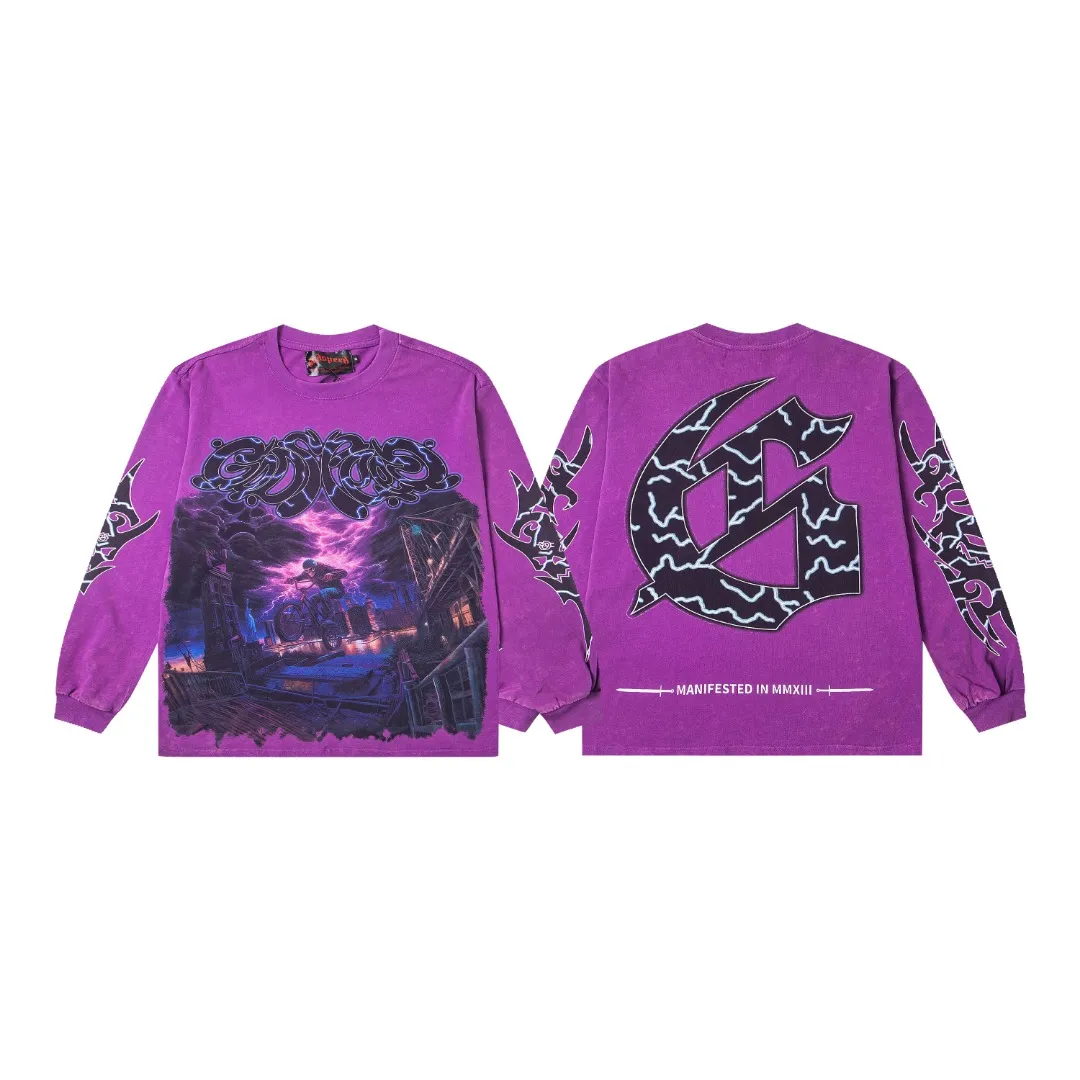 G52# GodSpeed ​​white ink direct spray washed long sleeve S-XL size purple (washed) P156 apricot P146