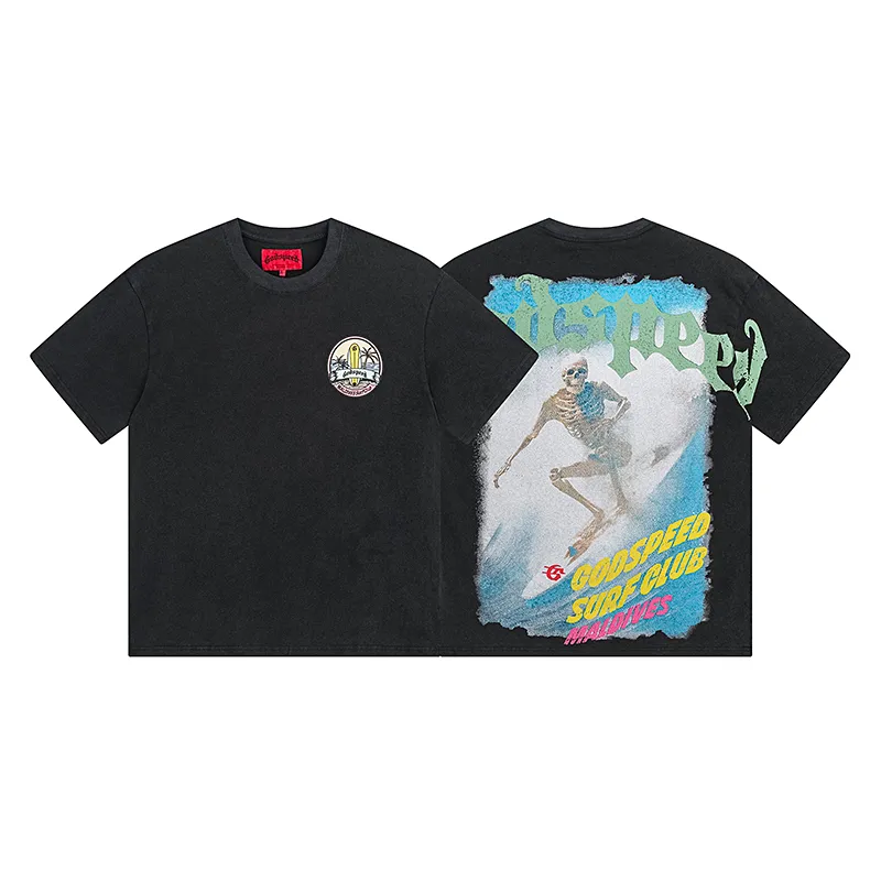 1056# P126 Washed Black Real Shot Godspeed American Fashion Rock Street Retro Washed Distressed Printed Pure Cotton Short Sleeves Fabric: 250g 32 Count Fine Cotton Double Yarn Pure Cotton Color: Washed Black Size: S M L XL