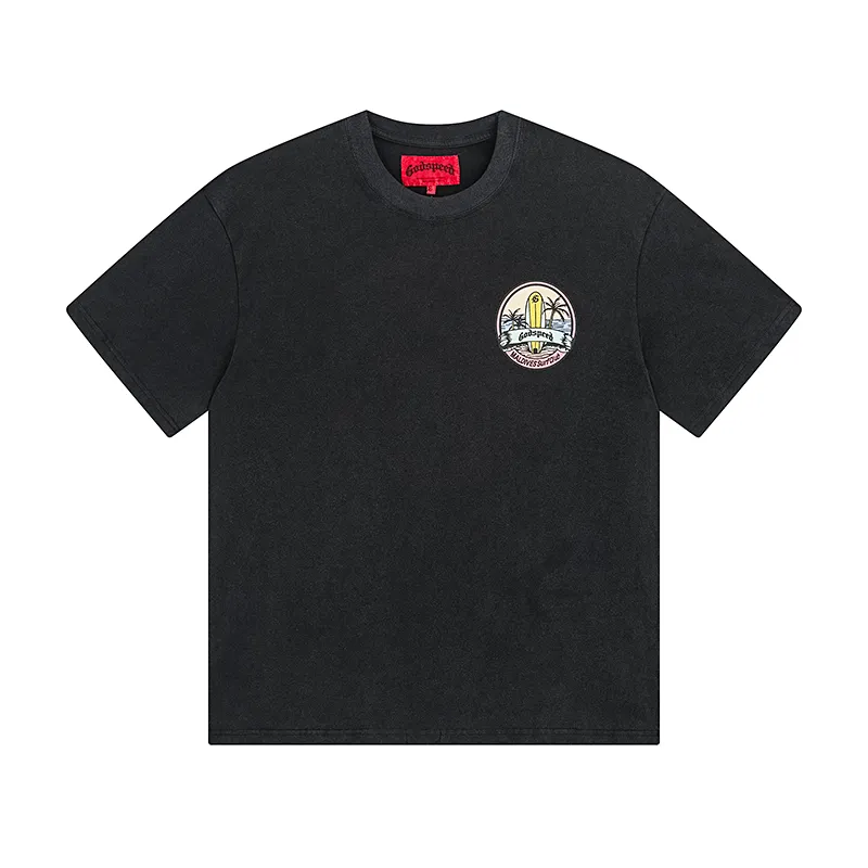 1056# P126 Washed Black Real Shot Godspeed American Fashion Rock Street Retro Washed Distressed Printed Pure Cotton Short Sleeves Fabric: 250g 32 Count Fine Cotton Double Yarn Pure Cotton Color: Washed Black Size: S M L XL