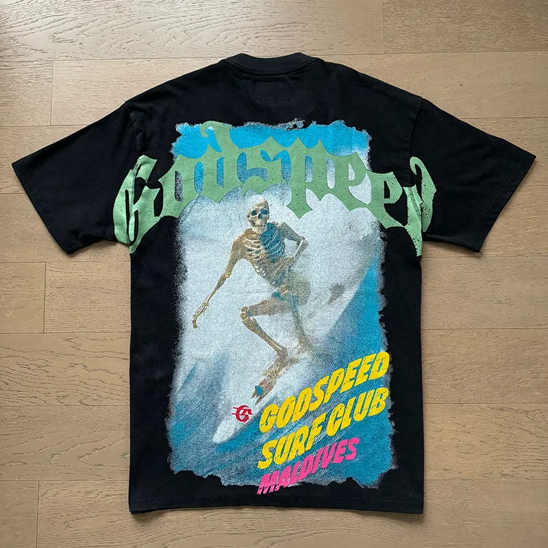 1056# P126 Washed Black Real Shot Godspeed American Fashion Rock Street Retro Washed Distressed Printed Pure Cotton Short Sleeves Fabric: 250g 32 Count Fine Cotton Double Yarn Pure Cotton Color: Washed Black Size: S M L XL