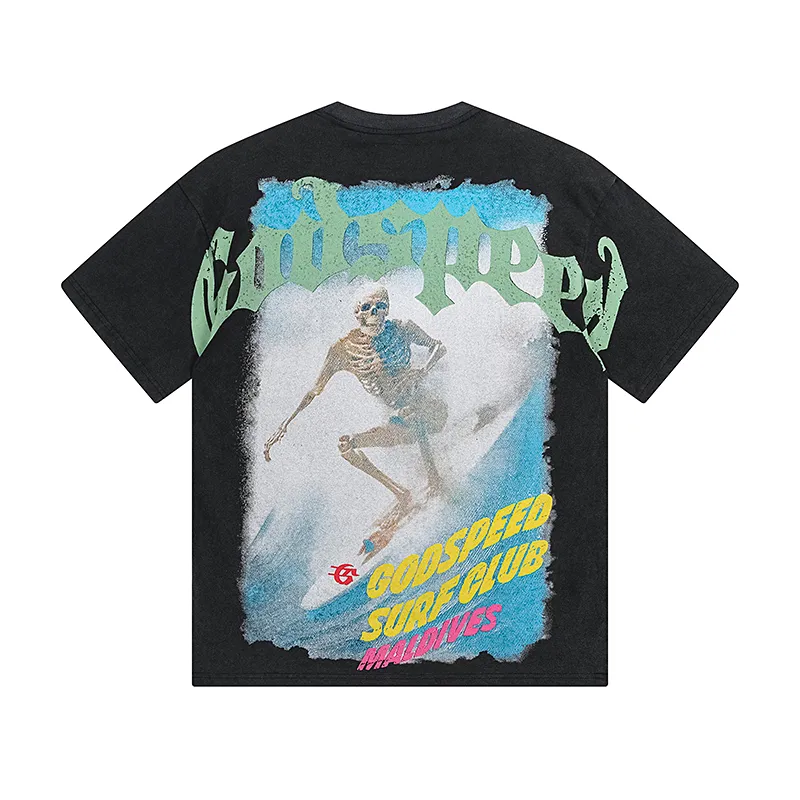 1056# P126 Washed Black Real Shot Godspeed American Fashion Rock Street Retro Washed Distressed Printed Pure Cotton Short Sleeves Fabric: 250g 32 Count Fine Cotton Double Yarn Pure Cotton Color: Washed Black Size: S M L XL