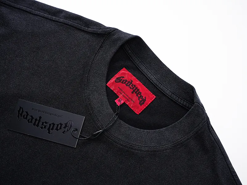 1056# P126 Washed Black Real Shot Godspeed American Fashion Rock Street Retro Washed Distressed Printed Pure Cotton Short Sleeves Fabric: 250g 32 Count Fine Cotton Double Yarn Pure Cotton Color: Washed Black Size: S M L XL