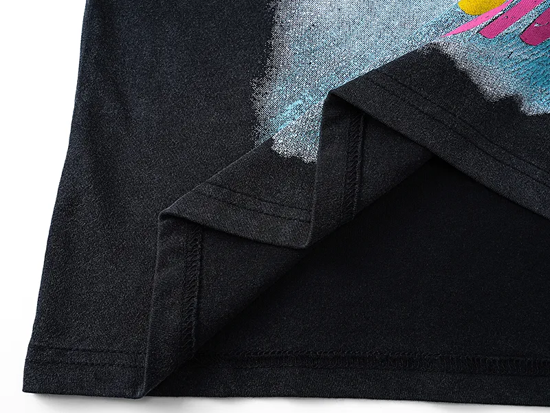 1056# P126 Washed Black Real Shot Godspeed American Fashion Rock Street Retro Washed Distressed Printed Pure Cotton Short Sleeves Fabric: 250g 32 Count Fine Cotton Double Yarn Pure Cotton Color: Washed Black Size: S M L XL
