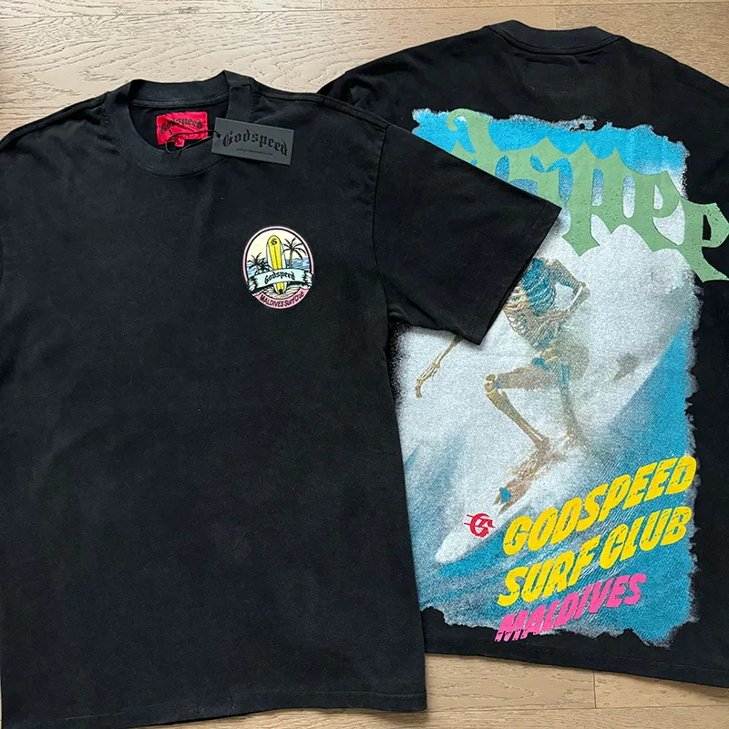1056# P126 Washed Black Real Shot Godspeed American Fashion Rock Street Retro Washed Distressed Printed Pure Cotton Short Sleeves Fabric: 250g 32 Count Fine Cotton Double Yarn Pure Cotton Color: Washed Black Size: S M L XL