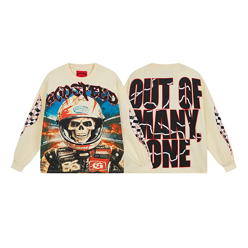 3102# P140 Real shot of Godspeed American fashion rock street pure cotton loose bottoming long-sleeved T-shirt long T. Fabric: 270g 32 count fine cotton double yarn pure cotton Color: Apricot Code number: S M L XL