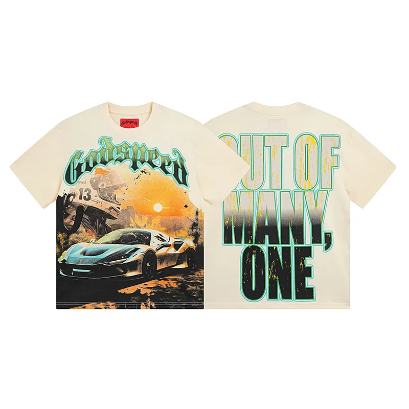3002# P110 Real shot Godspeed American fashion rock street retro loose printed cotton short sleeves Fabric: 240g 32 count fine cotton double yarn pure cotton Color: apricot Size: S M L XL