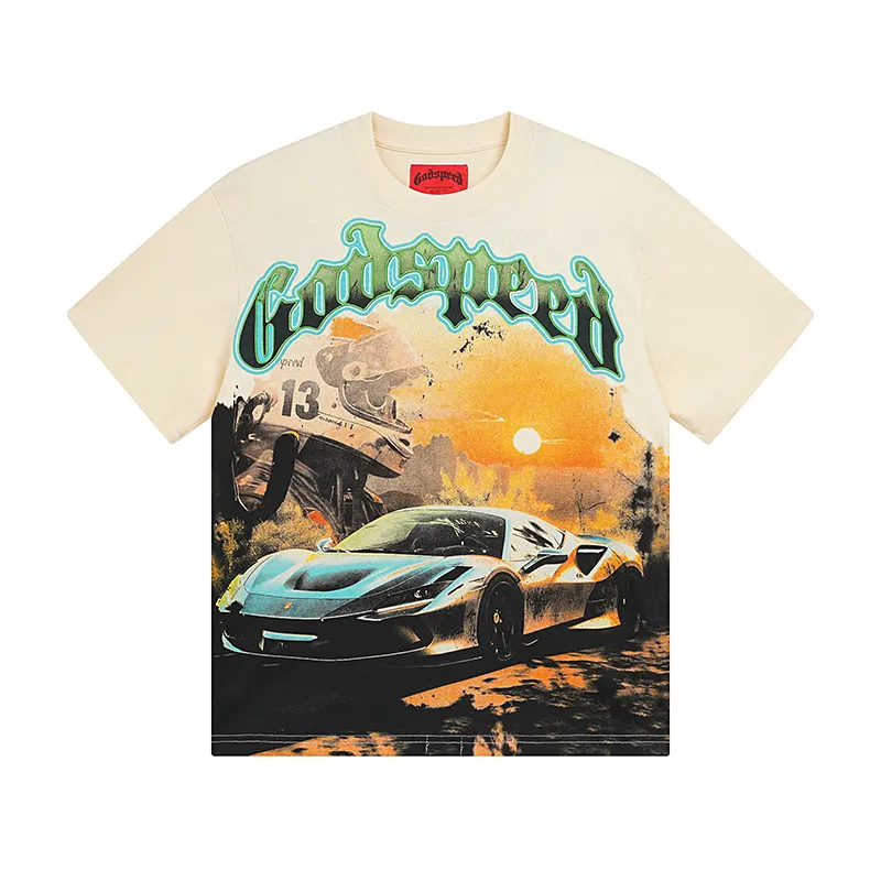 3002# P110 Real shot Godspeed American fashion rock street retro loose printed cotton short sleeves Fabric: 240g 32 count fine cotton double yarn pure cotton Color: apricot Size: S M L XL