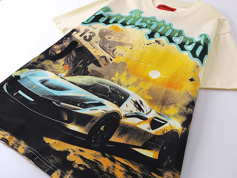 3002# P110 Real shot Godspeed American fashion rock street retro loose printed cotton short sleeves Fabric: 240g 32 count fine cotton double yarn pure cotton Color: apricot Size: S M L XL