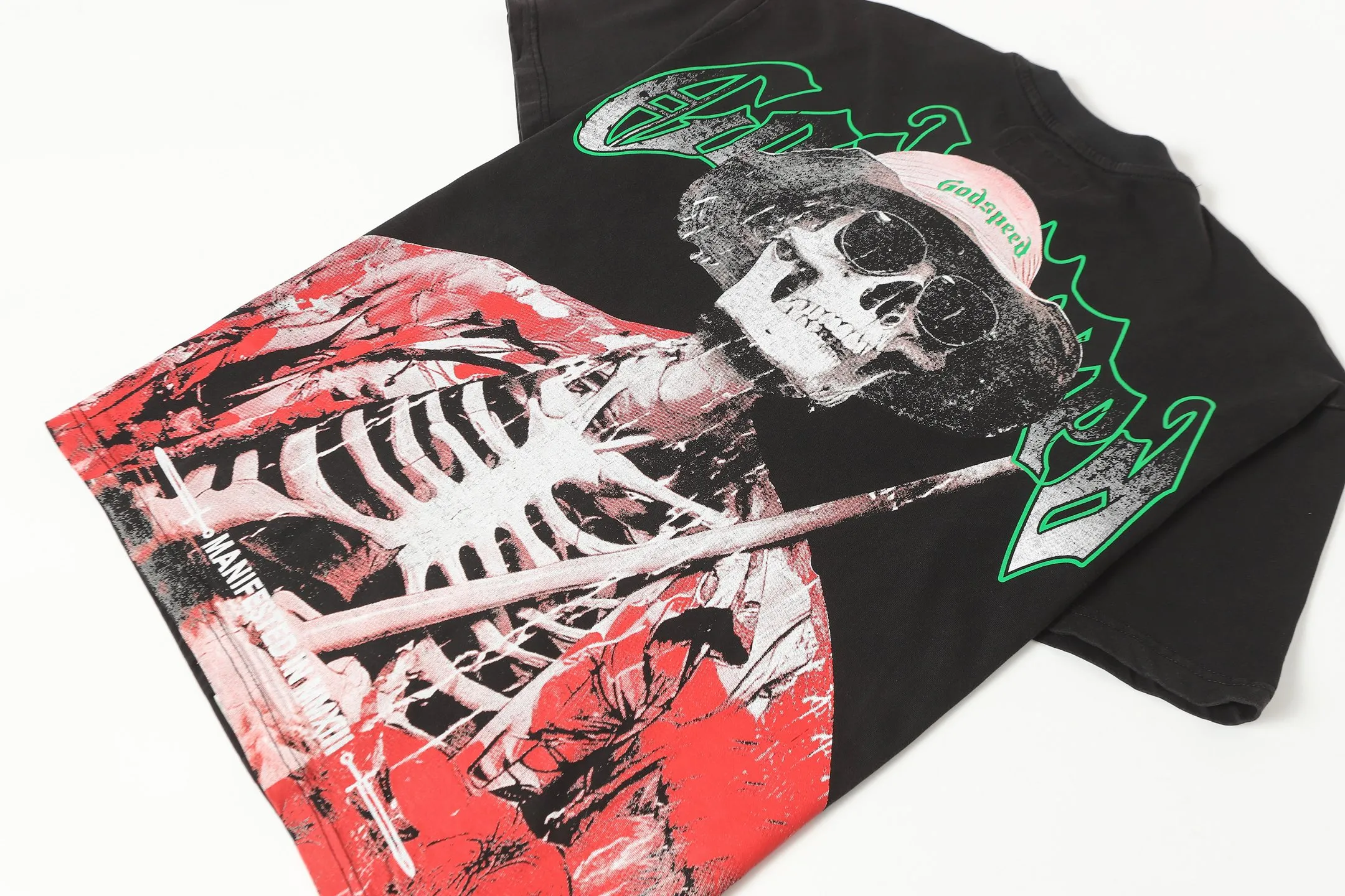 6077#washed black | P116 Godspeed cross-border American rock and roll street washed retro style short-sleeved T (craft printing) fabric (fabric): 32 count combed double yarn 250g weight code number (size): S-M-L-XL color (colour): washed black