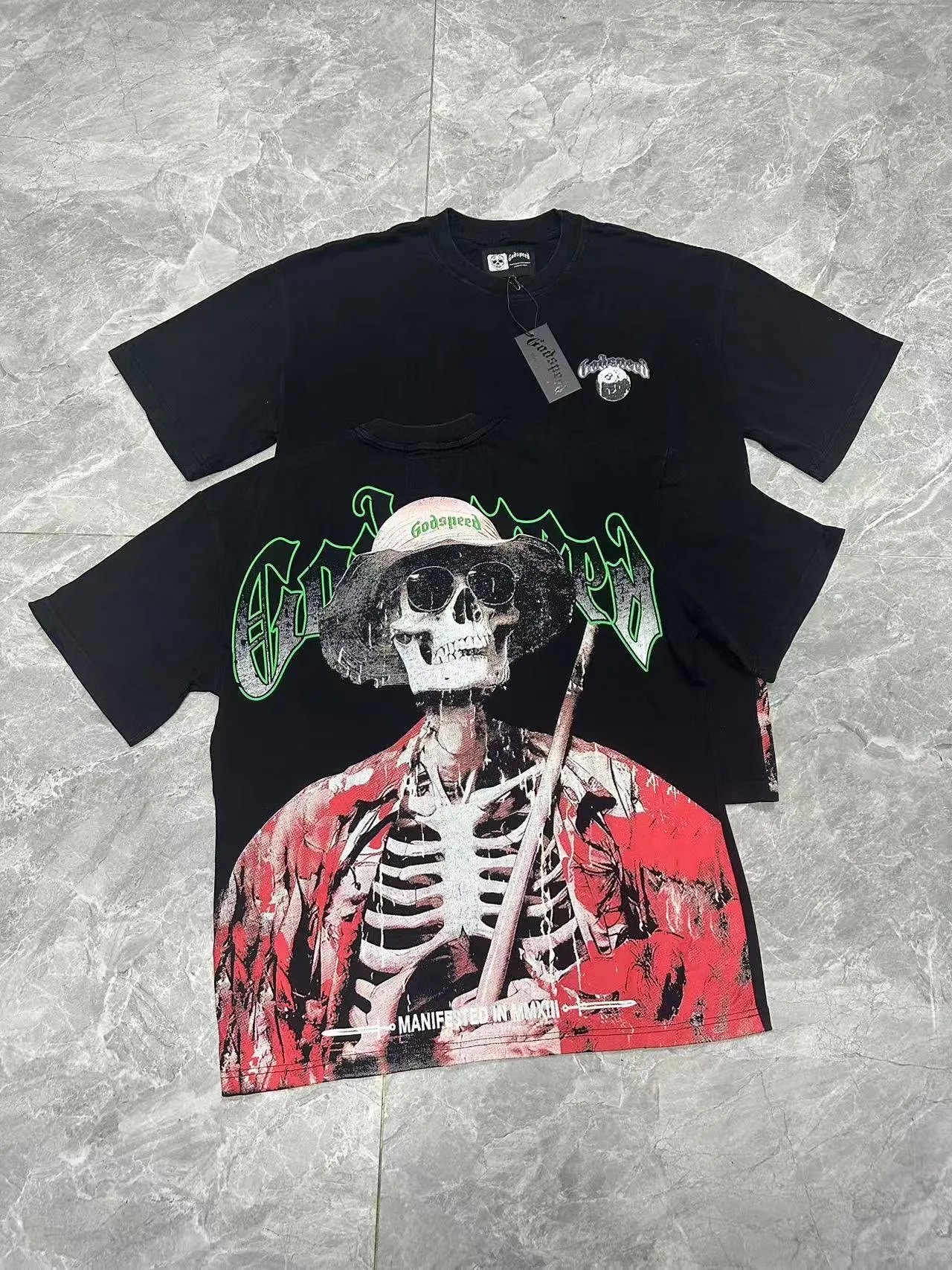 6077#washed black | P116 Godspeed cross-border American rock and roll street washed retro style short-sleeved T (craft printing) fabric (fabric): 32 count combed double yarn 250g weight code number (size): S-M-L-XL color (colour): washed black