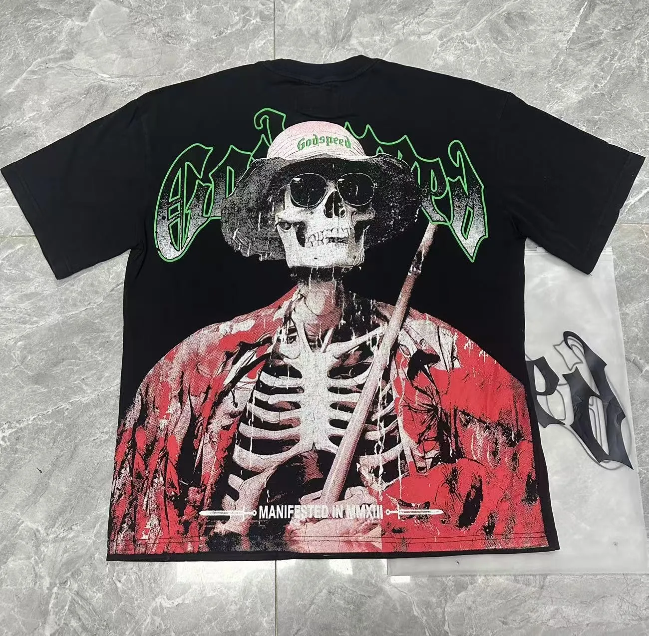 6077#washed black | P116 Godspeed cross-border American rock and roll street washed retro style short-sleeved T (craft printing) fabric (fabric): 32 count combed double yarn 250g weight code number (size): S-M-L-XL color (colour): washed black
