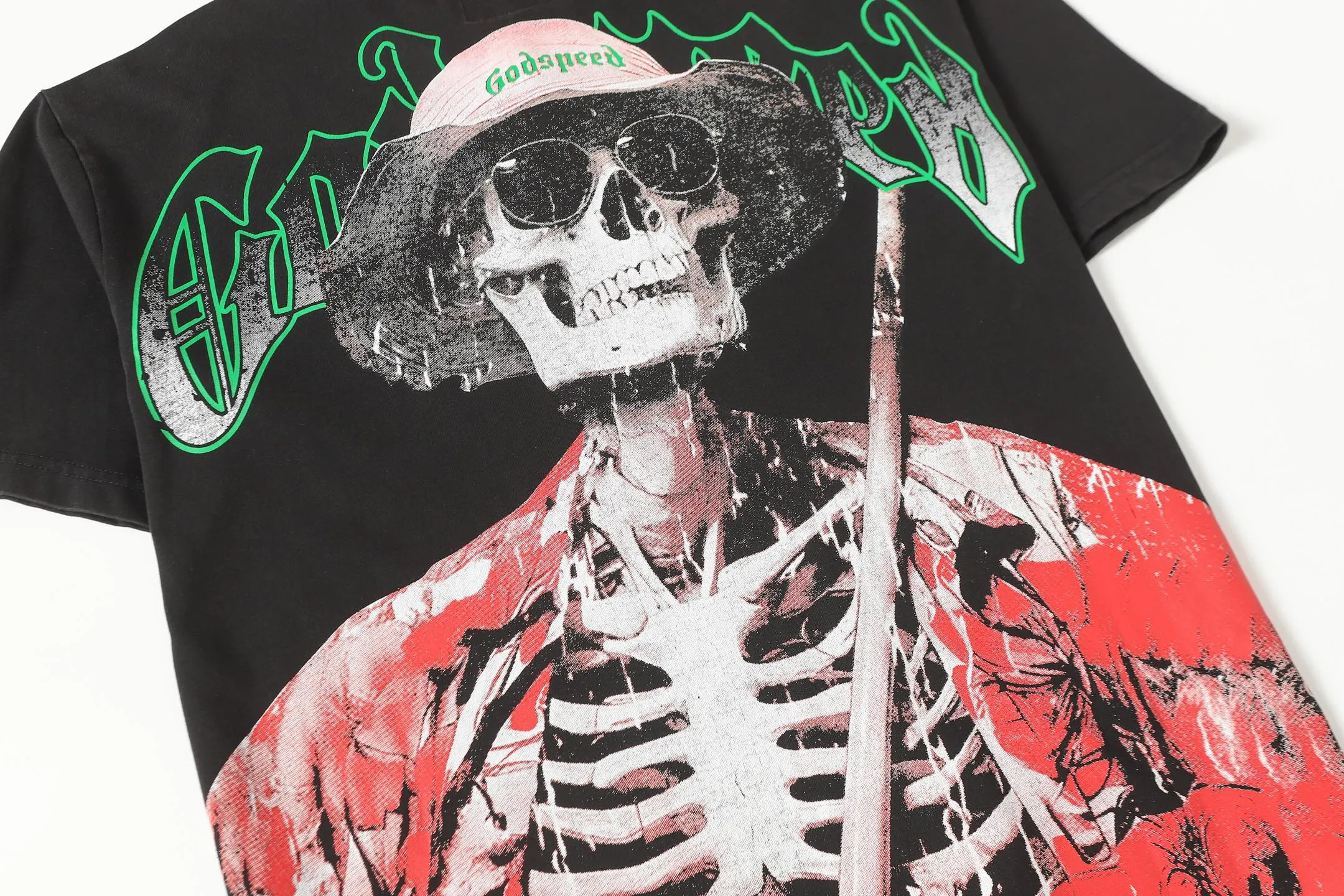 6077#washed black | P116 Godspeed cross-border American rock and roll street washed retro style short-sleeved T (craft printing) fabric (fabric): 32 count combed double yarn 250g weight code number (size): S-M-L-XL color (colour): washed black