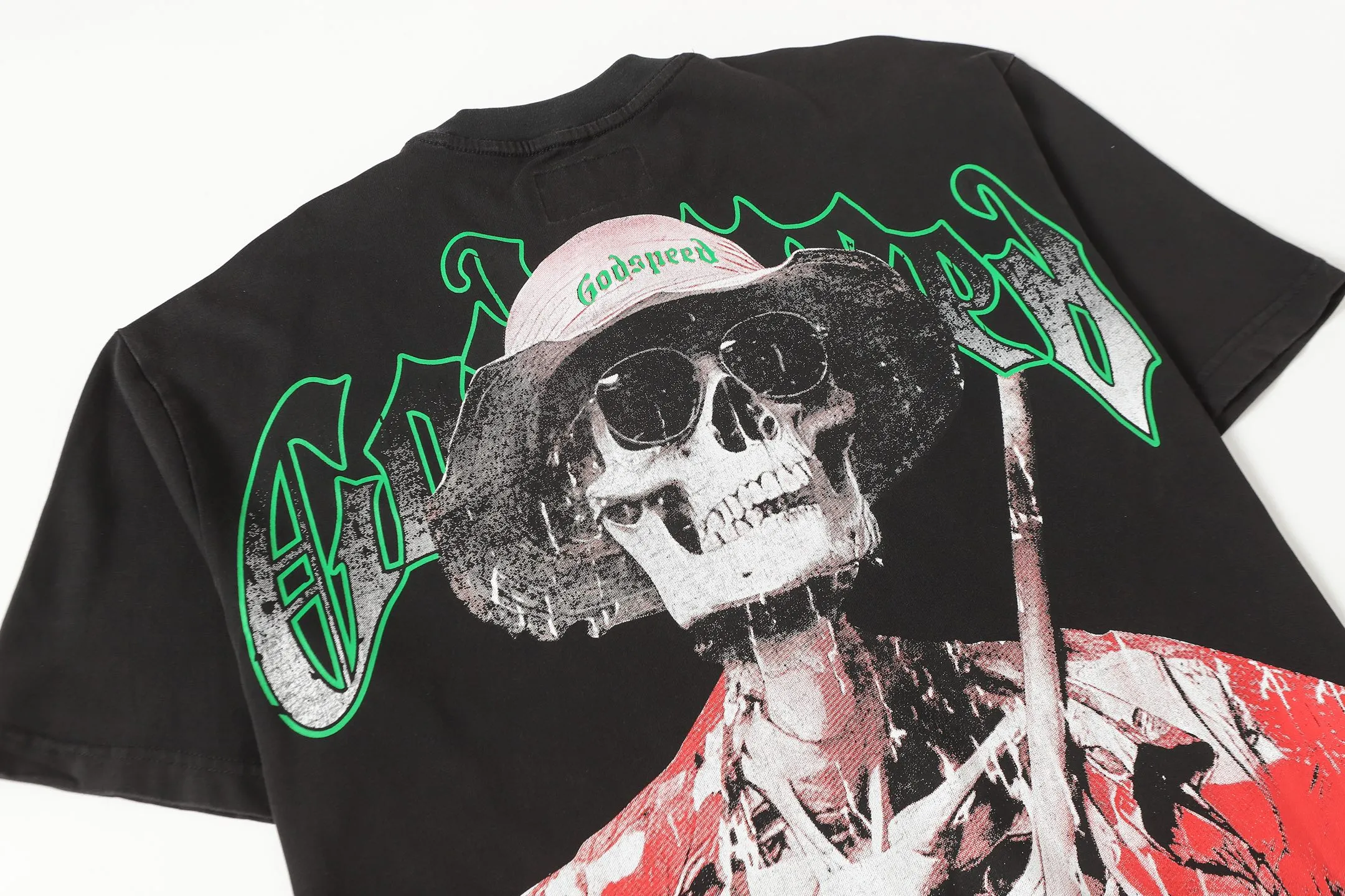 6077#washed black | P116 Godspeed cross-border American rock and roll street washed retro style short-sleeved T (craft printing) fabric (fabric): 32 count combed double yarn 250g weight code number (size): S-M-L-XL color (colour): washed black