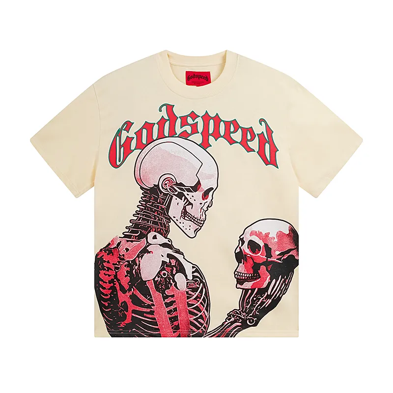 3060# P110 Real shot Godspeed American fashion rock street retro loose printed cotton short sleeves Fabric: 240g 32 count fine cotton double yarn pure cotton Color: apricot Size: S M L XL