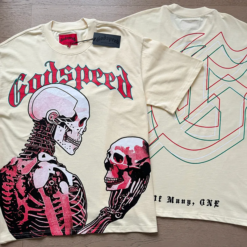 3060# P110 Real shot Godspeed American fashion rock street retro loose printed cotton short sleeves Fabric: 240g 32 count fine cotton double yarn pure cotton Color: apricot Size: S M L XL