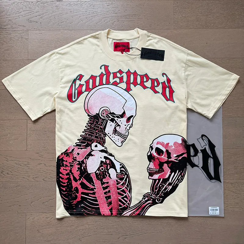 3060# P110 Real shot Godspeed American fashion rock street retro loose printed cotton short sleeves Fabric: 240g 32 count fine cotton double yarn pure cotton Color: apricot Size: S M L XL