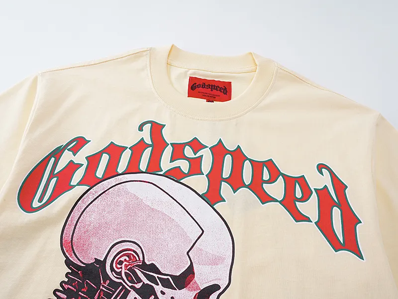 3060# P110 Real shot Godspeed American fashion rock street retro loose printed cotton short sleeves Fabric: 240g 32 count fine cotton double yarn pure cotton Color: apricot Size: S M L XL