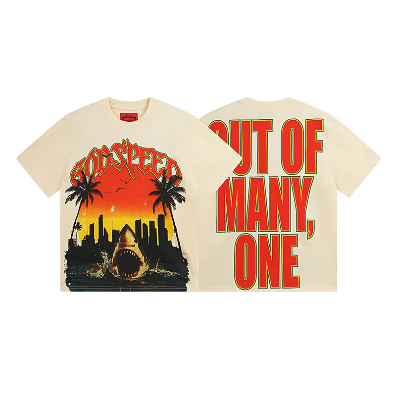 3068# P110 Real shot Godspeed American fashion rock street retro loose printed cotton short sleeves Fabric: 240g 32 count fine cotton double yarn pure cotton Color: apricot Size: S M L XL