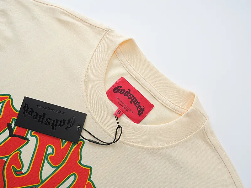 3068# P110 Real shot Godspeed American fashion rock street retro loose printed cotton short sleeves Fabric: 240g 32 count fine cotton double yarn pure cotton Color: apricot Size: S M L XL