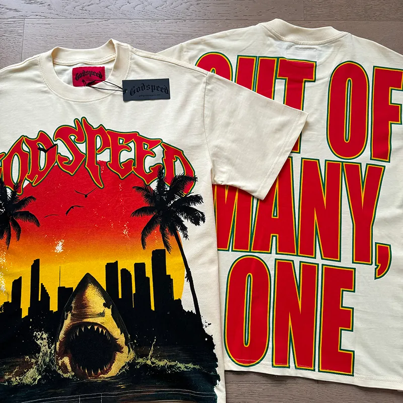3068# P110 Real shot Godspeed American fashion rock street retro loose printed cotton short sleeves Fabric: 240g 32 count fine cotton double yarn pure cotton Color: apricot Size: S M L XL
