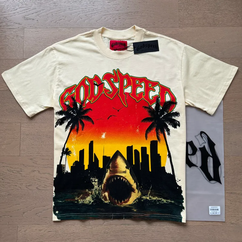 3068# P110 Real shot Godspeed American fashion rock street retro loose printed cotton short sleeves Fabric: 240g 32 count fine cotton double yarn pure cotton Color: apricot Size: S M L XL