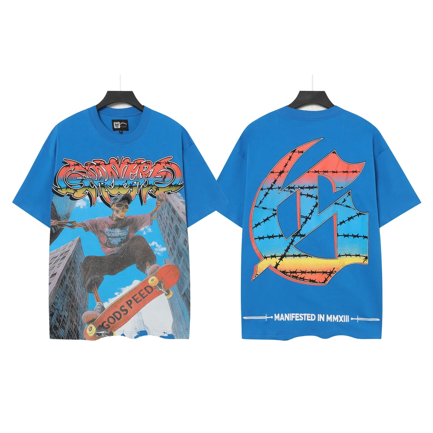 5098#Klein Blue｜P104 Godspeed cross-border American rock and roll street washed retro style short-sleeved T (craft printing) fabric (fabric): 32-count combed double yarn 240 grams weight code number (size): S-M-L-XL color (colour): Klein blue