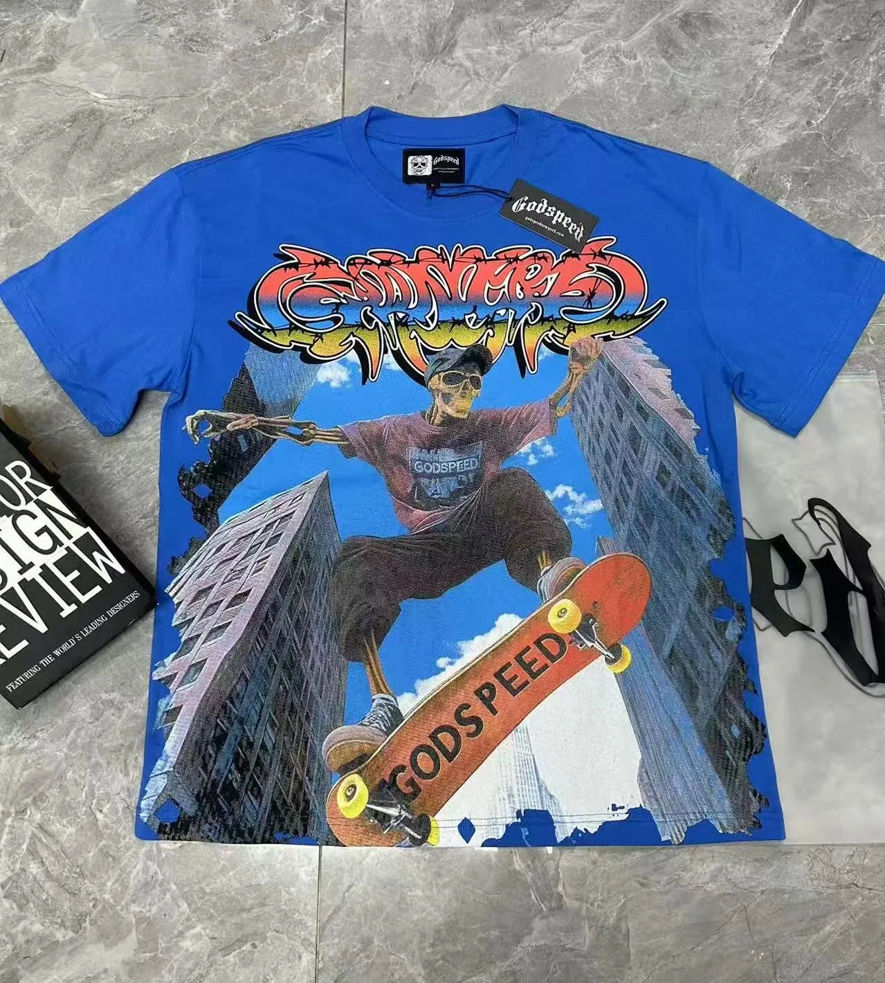 5098#Klein Blue｜P104 Godspeed cross-border American rock and roll street washed retro style short-sleeved T (craft printing) fabric (fabric): 32-count combed double yarn 240 grams weight code number (size): S-M-L-XL color (colour): Klein blue