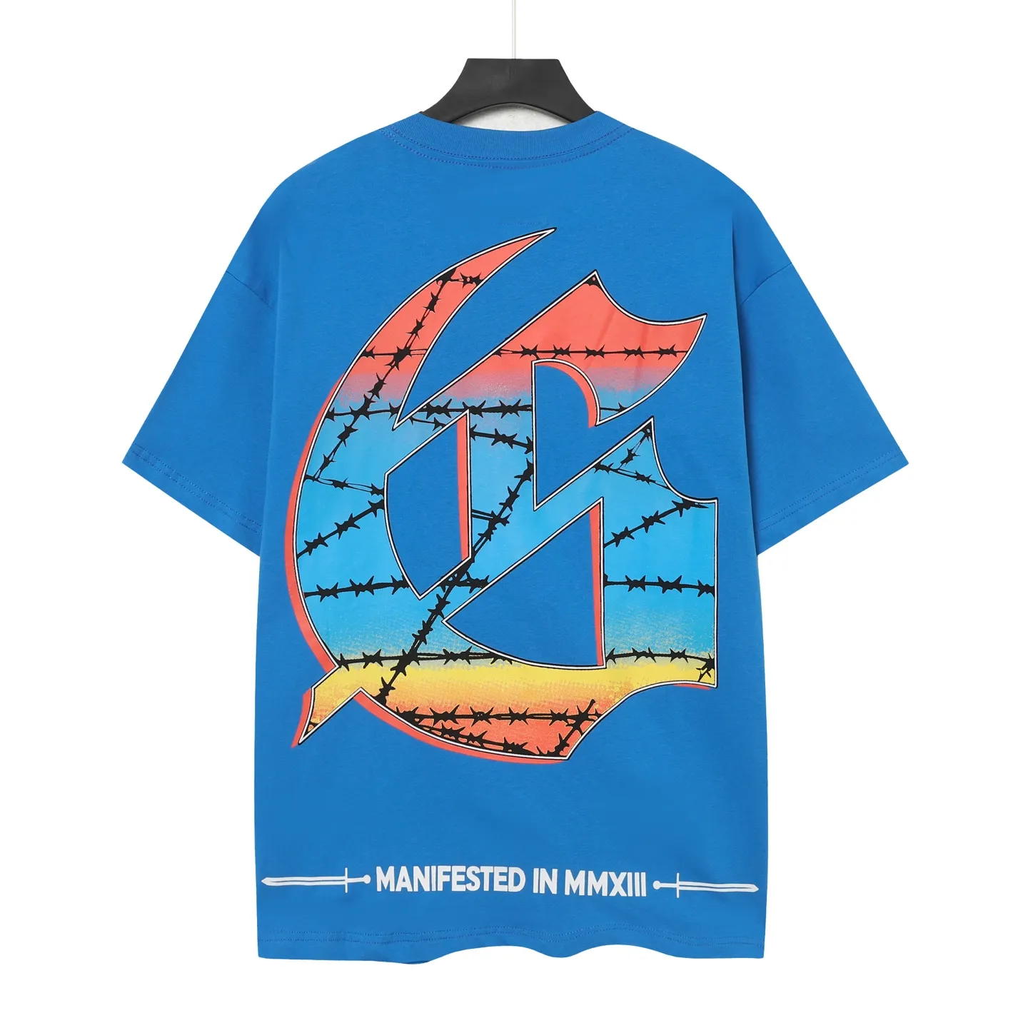 5098#Klein Blue｜P104 Godspeed cross-border American rock and roll street washed retro style short-sleeved T (craft printing) fabric (fabric): 32-count combed double yarn 240 grams weight code number (size): S-M-L-XL color (colour): Klein blue