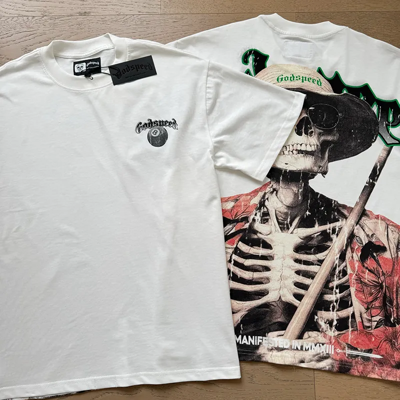 3093# P110 Real shot Godspeed American fashion rock street retro loose printed cotton short sleeves Fabric: 240g 32 count fine cotton double yarn pure cotton Color: off-white Size: S M L XL