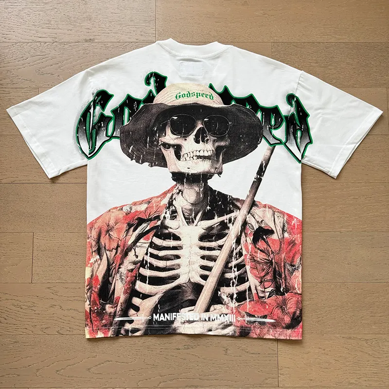 3093# P110 Real shot Godspeed American fashion rock street retro loose printed cotton short sleeves Fabric: 240g 32 count fine cotton double yarn pure cotton Color: off-white Size: S M L XL
