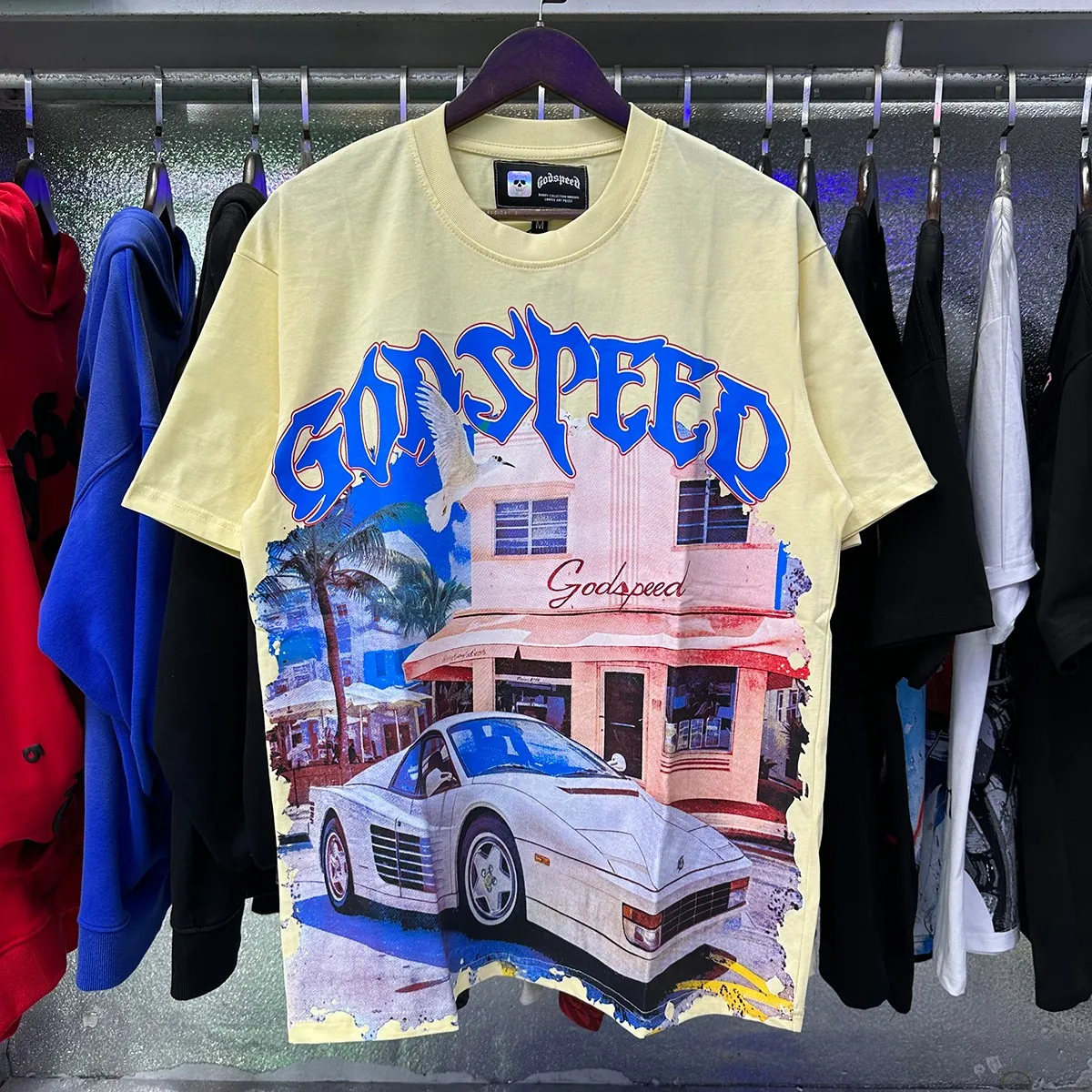 Actual photo, No. 7059, Meichao Godspeed convenience store white car printed high weight double yarn pure cotton casual short-sleeved T-shirt batch 110 Color: black, apricot; Size: S M L XL