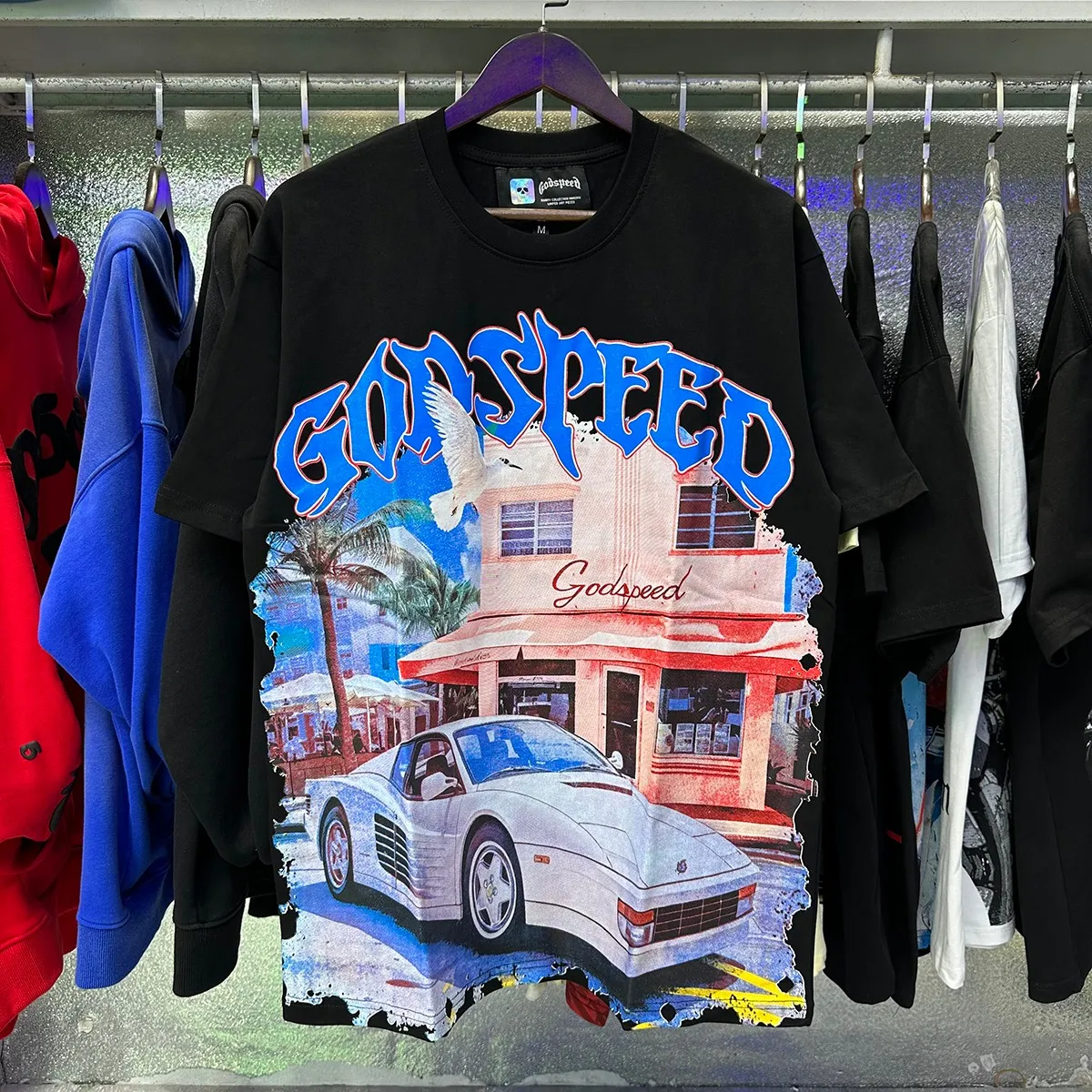 Actual photo, No. 7059, Meichao Godspeed convenience store white car printed high weight double yarn pure cotton casual short-sleeved T-shirt batch 110 Color: black, apricot; Size: S M L XL