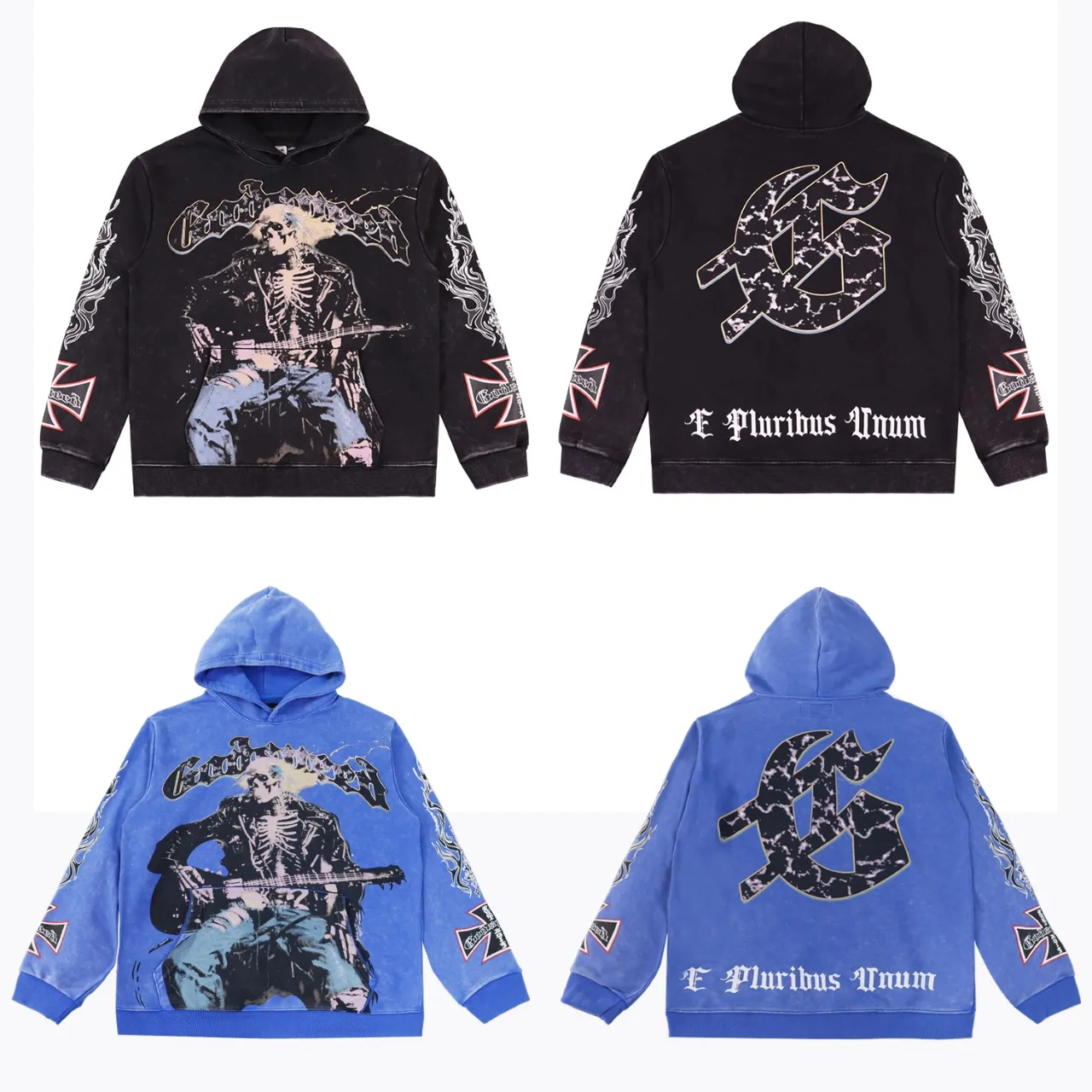 Style number: 5528 Fabric: 420g washed and distressed P196 Real shot Spot Godspeed American fashion rock street retro washed and distressed printed hooded sweatshirt Color: washed black red Size: S M L XL