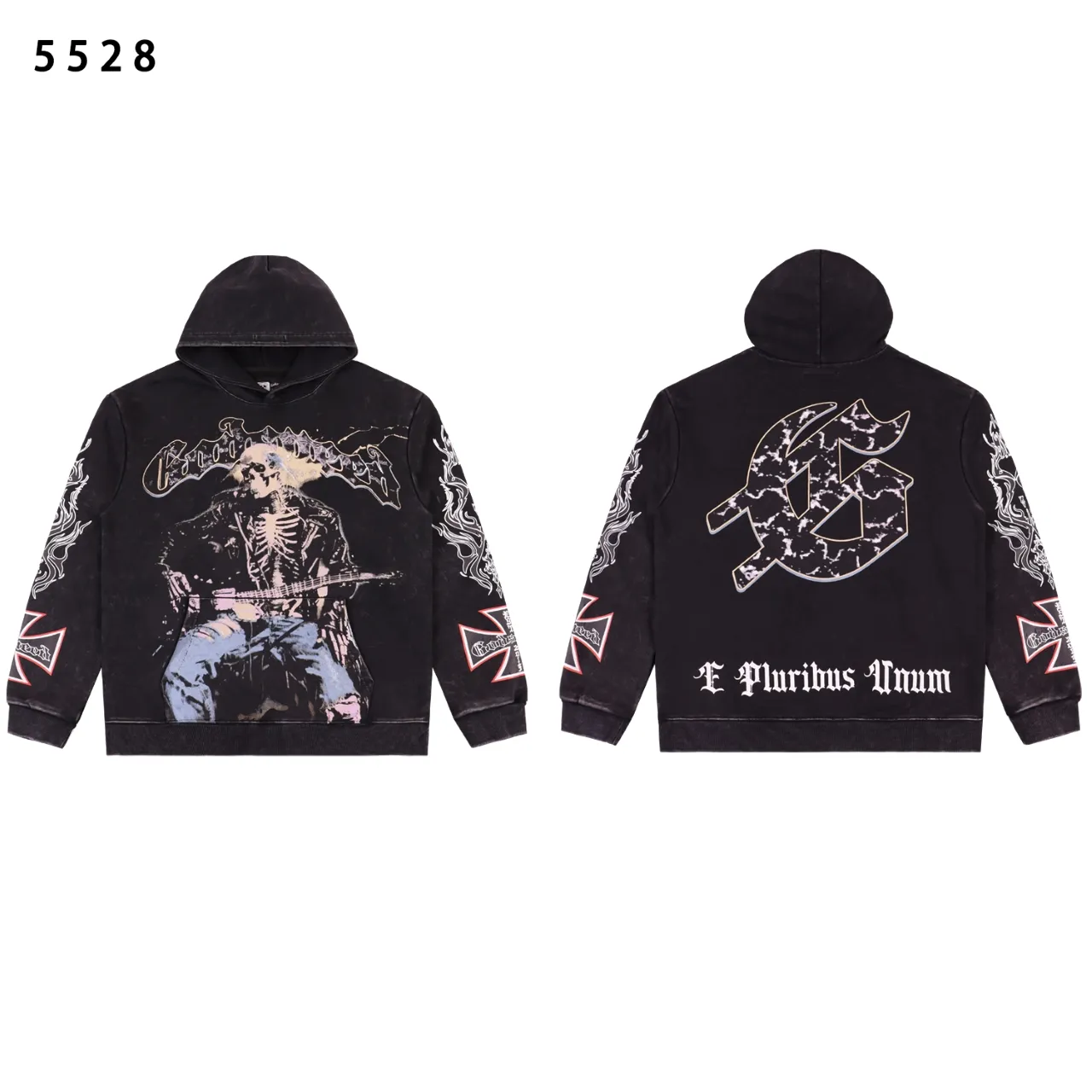 Style number: 5528 Fabric: 420g washed and distressed P196 Real shot Spot Godspeed American fashion rock street retro washed and distressed printed hooded sweatshirt Color: washed black red Size: S M L XL