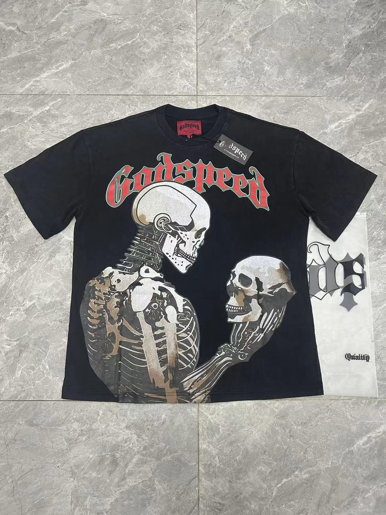 58💰6078#washed black I Godspeed cross-border American rock and roll street washed retro style short-sleeved T (craft printing) fabric (fabric): 32 count combed double yarn 250 grams weight code number (size): S-M-L-XL color (colour): washed black