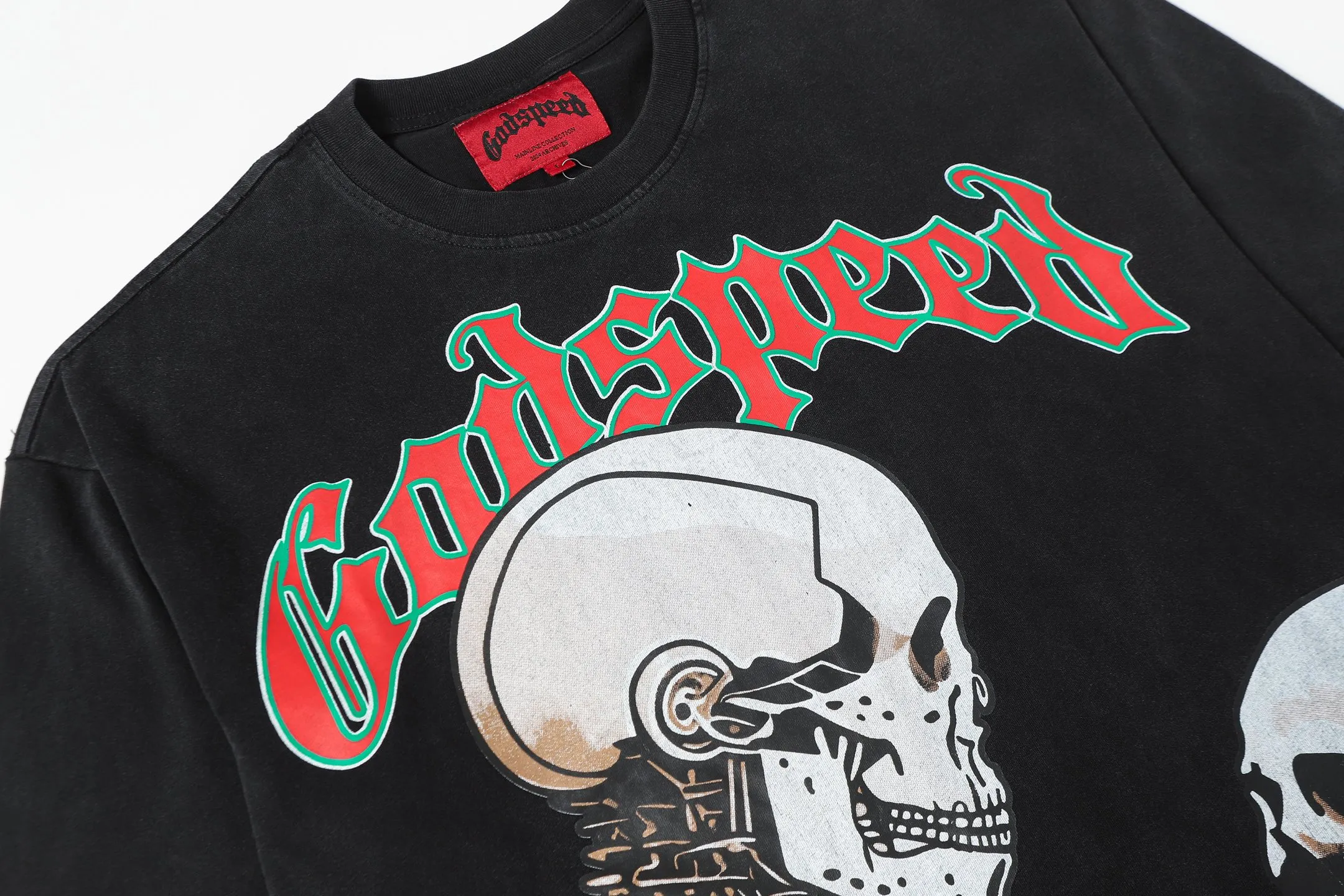 58💰6078#washed black I Godspeed cross-border American rock and roll street washed retro style short-sleeved T (craft printing) fabric (fabric): 32 count combed double yarn 250 grams weight code number (size): S-M-L-XL color (colour): washed black
