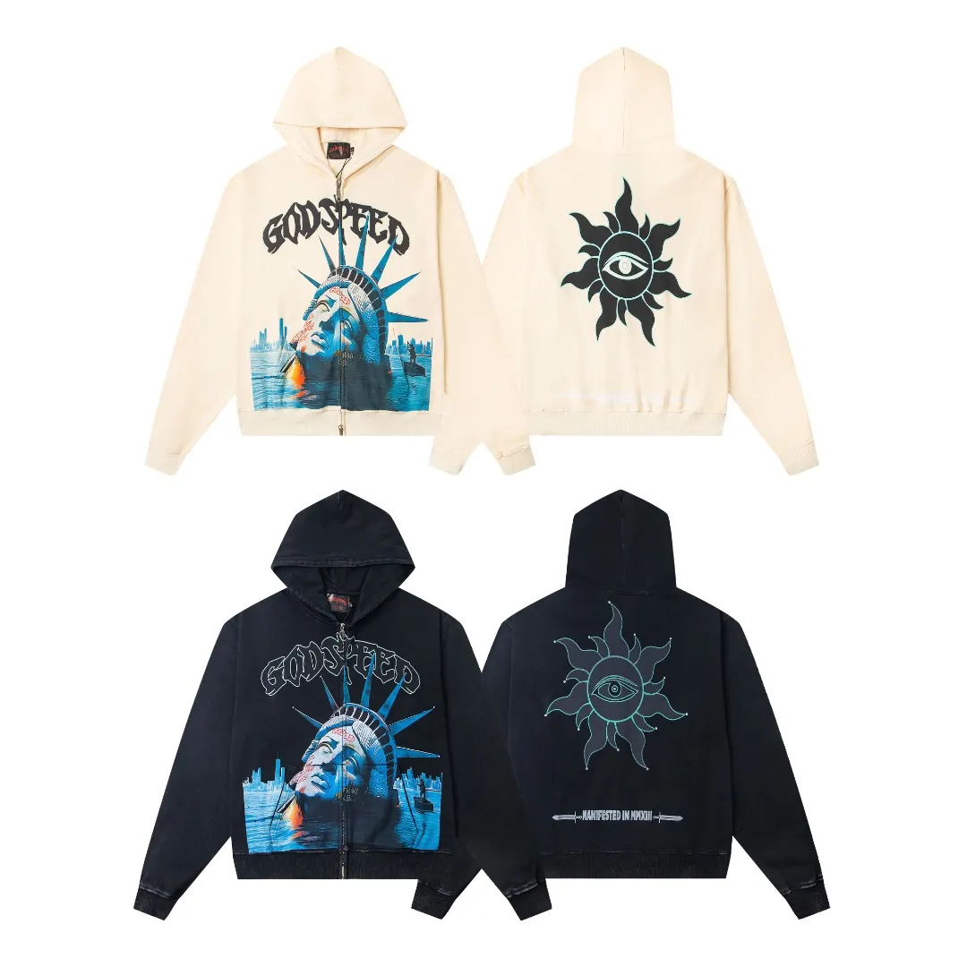 G39# GodSpeed ​​white ink direct spray zipper sweatshirt S-XL washed black P236 apricot P226