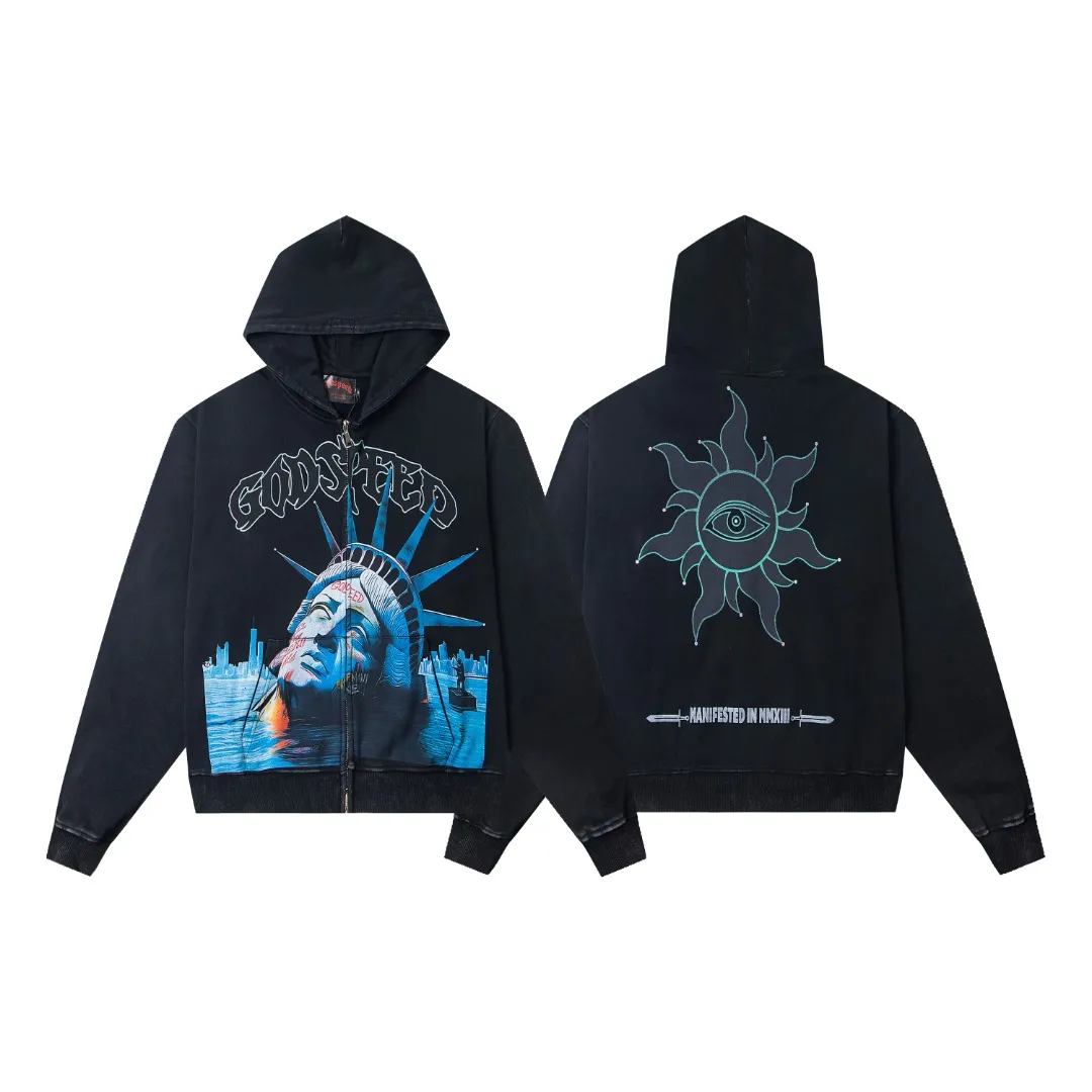 G39# GodSpeed ​​white ink direct spray zipper sweatshirt S-XL washed black P236 apricot P226