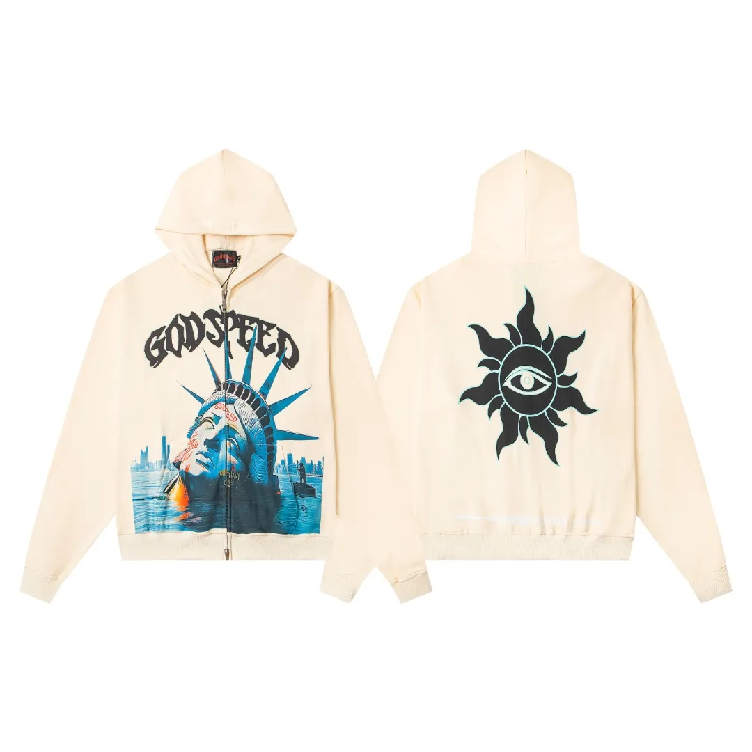G39# GodSpeed ​​white ink direct spray zipper sweatshirt S-XL washed black P236 apricot P226