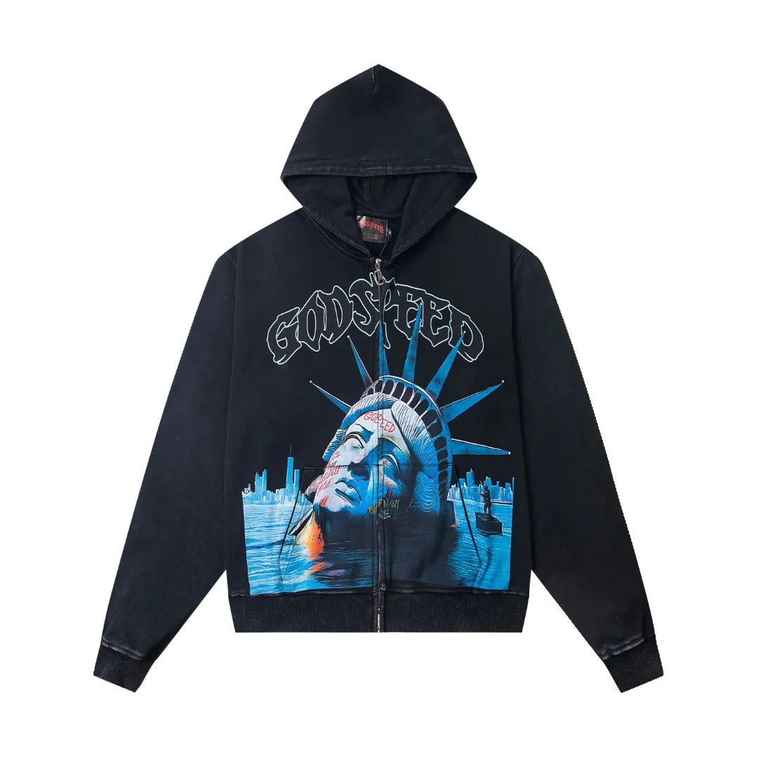 G39# GodSpeed ​​white ink direct spray zipper sweatshirt S-XL washed black P236 apricot P226