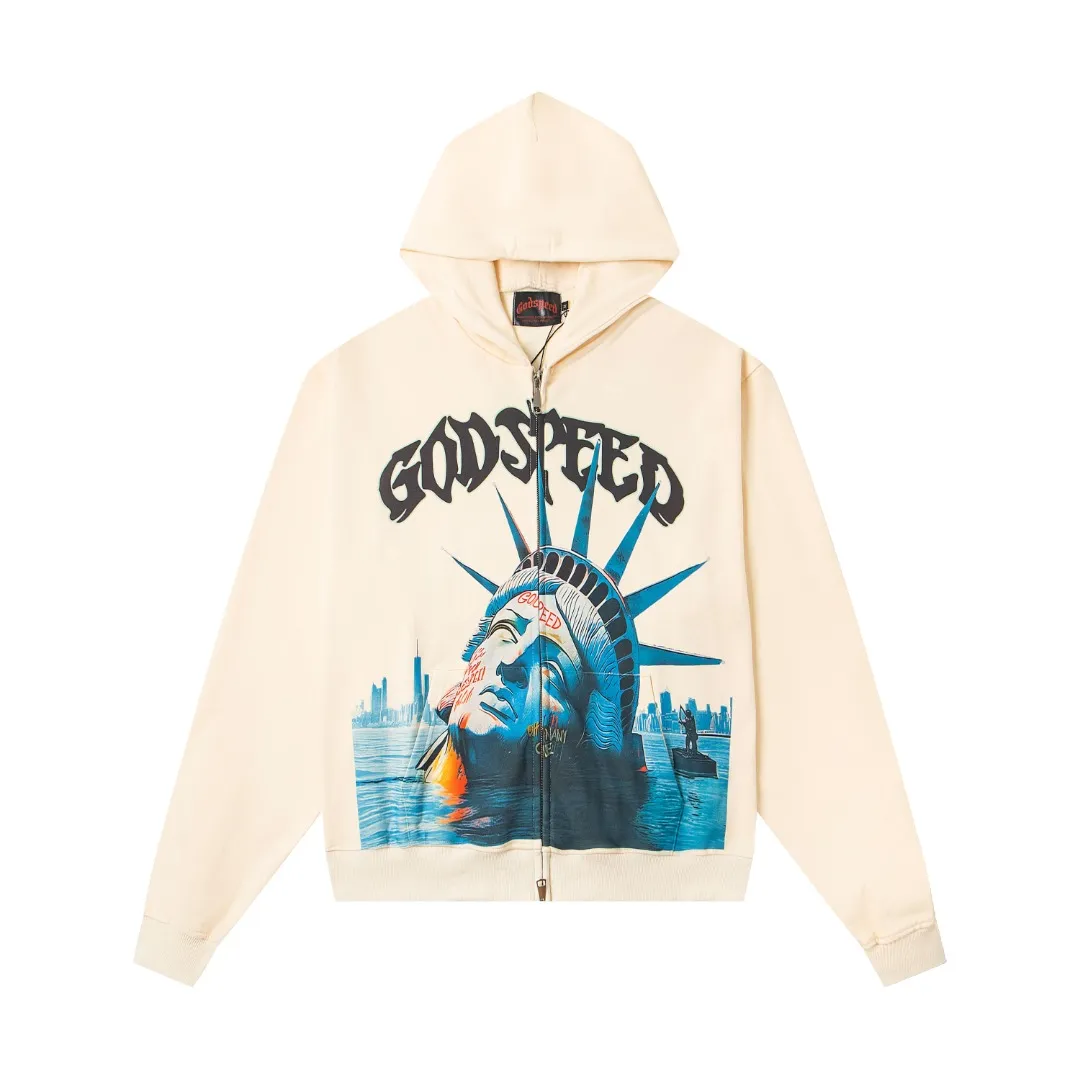 G39# GodSpeed ​​white ink direct spray zipper sweatshirt S-XL washed black P236 apricot P226
